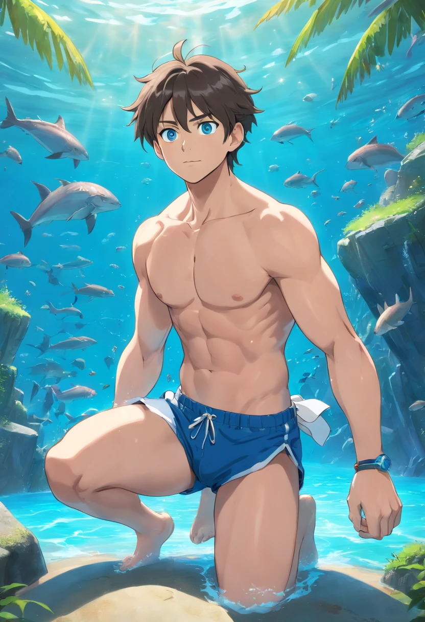 (best quality,4k,8k,highres,masterpiece:1.2),ultra-detailed,realistic,blue eyes,toned abs,full body,jewelry,focus on male,pectoral muscles,solo performance,swimming trunks,bare-chested male,barefoot,full body