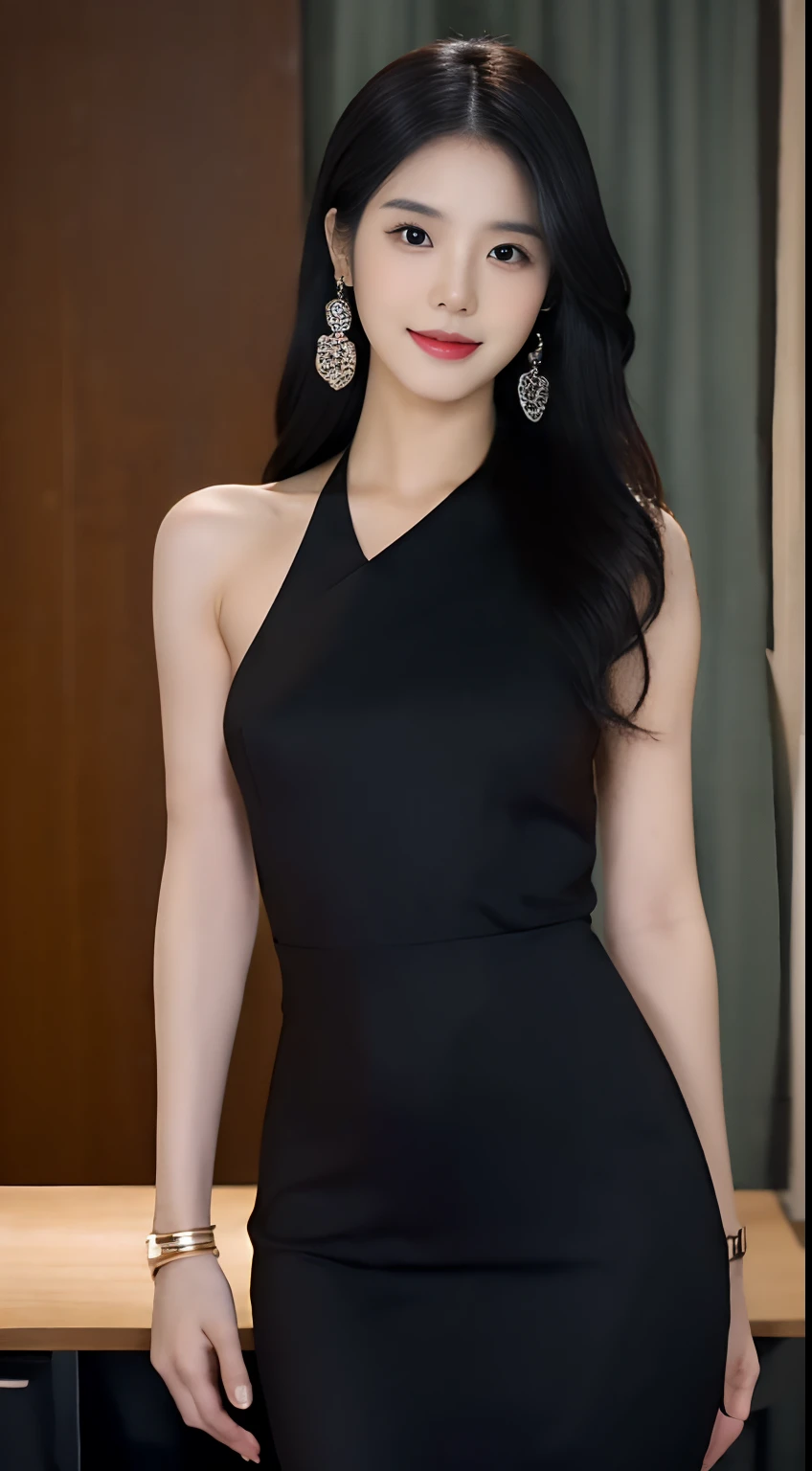 (masterpiece), a stunning photograph of korean girl model, full body, 8k, raw photo, looking at viewer, (highly detailed skin:1.2), small breasts, slim body, black hair, (photorealistic:1.4), office outfit, solo, jewelry, earrings, (looking at viewer), long hair, brown eyes, portrait, realistic, smile, makeup, office desk background