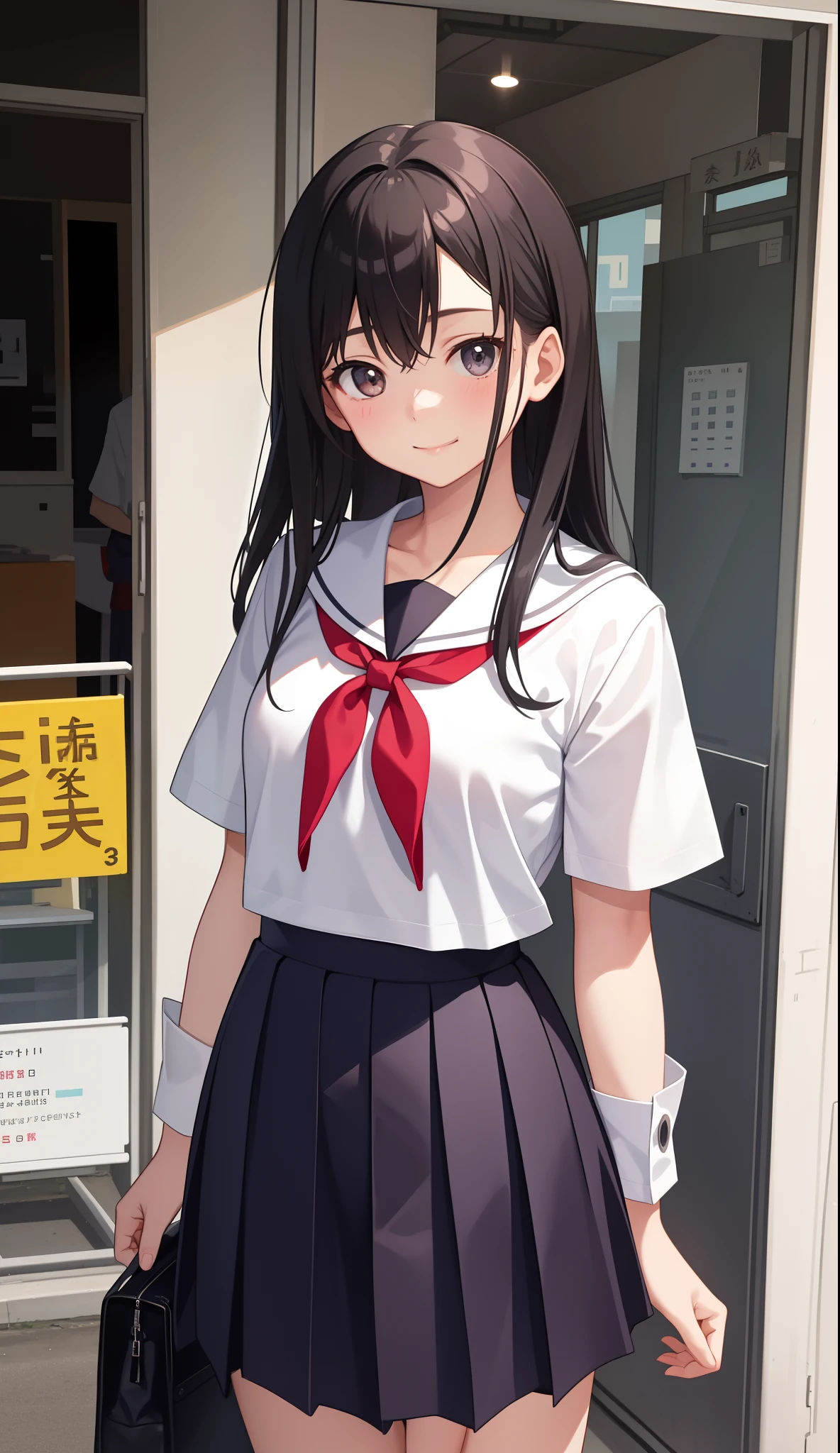 1girl in、AS-Adult、a smile、The shirt、skirt by the、（small tits）Japan High School、校服、serafuku、Walking with a thigh、Upper body portrait、