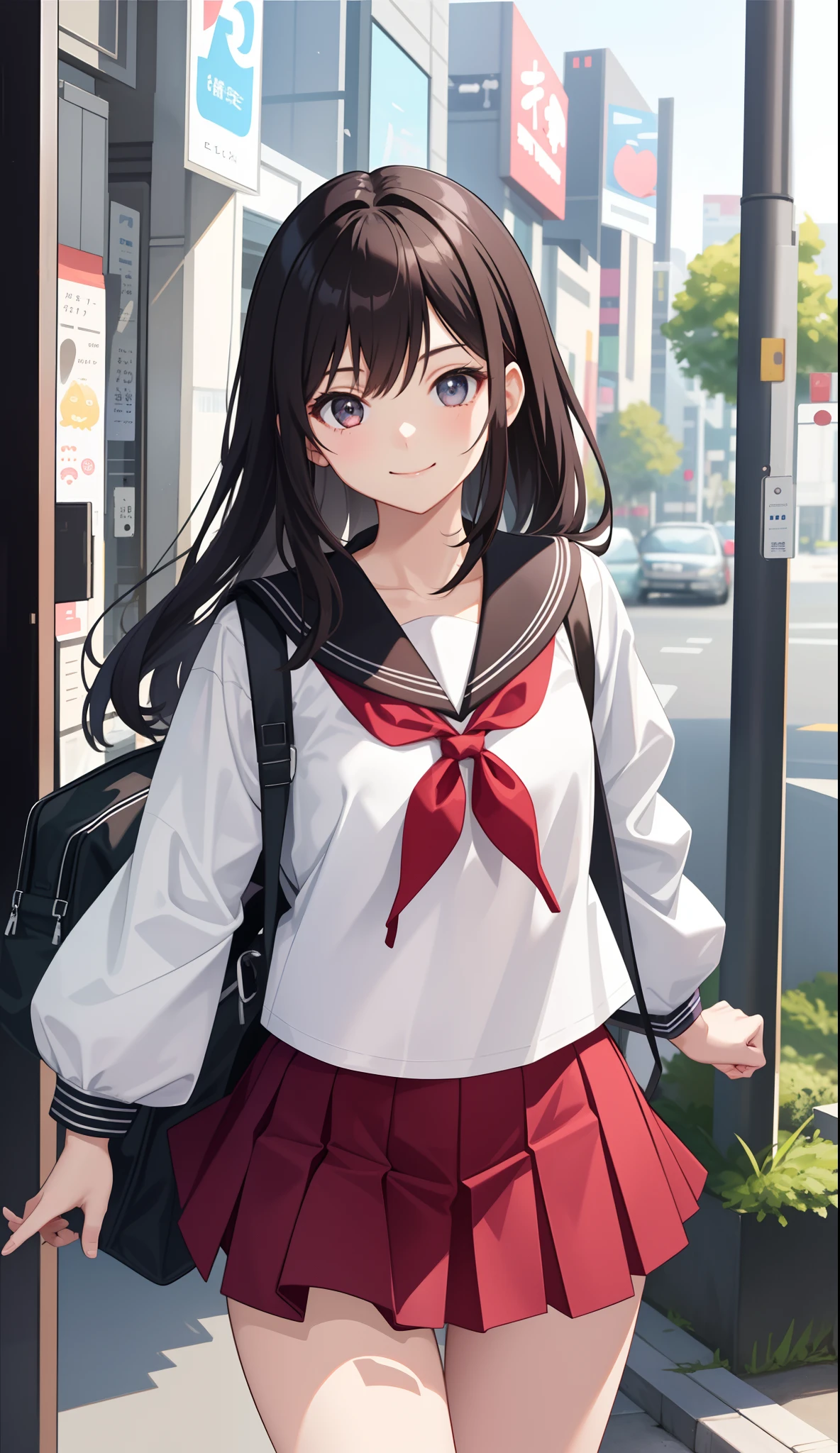 1girl in、AS-Adult、a smile、The shirt、skirt by the、(small tits)Japan High School、校服、serafuku、Walking with a thigh、Upper body portrait、