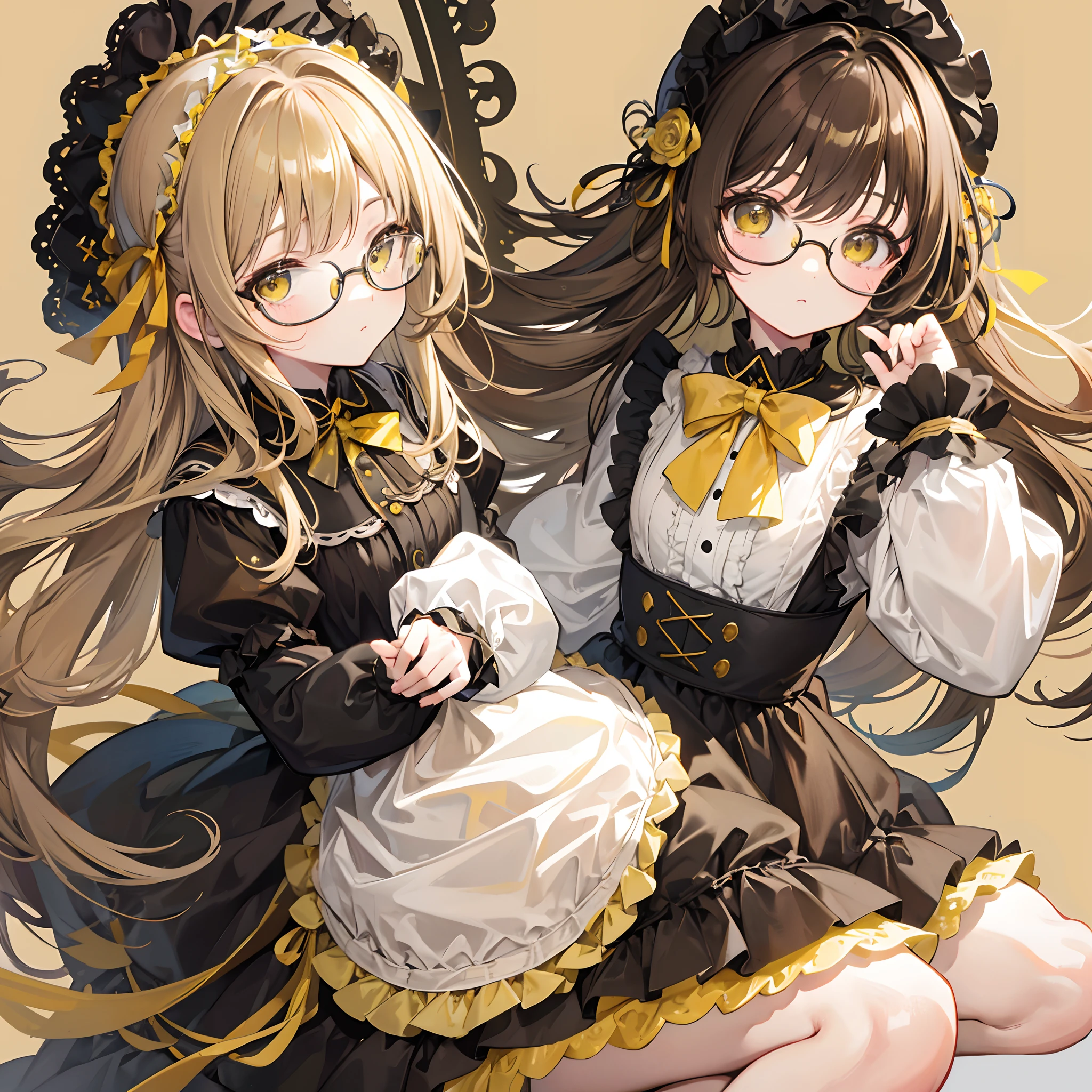 Light yellowish brown hair,With thick black-framed glasses,Lolita clothes in yellow-brown and pale green colors,The face is shiny and shiny,It is a cute and cute loli