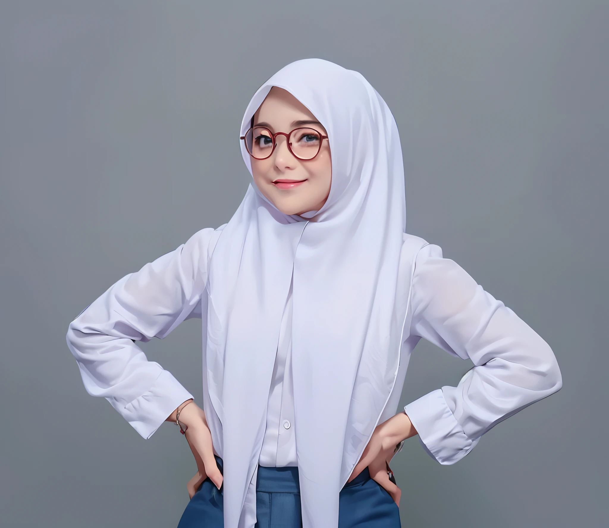 works, best quality, highly detailed, illustrations, epic lighting, cinematic composition, isometric, 1girl, solo, cute, wearing glasses, beautiful eyes, hair covered in hijab, bright white hijab, long white girl shirt, gray skirt, formal , beautiful, pose according to photo, hands holding waist, looking at the audience, sweet smile, standing, sweet smile, anime