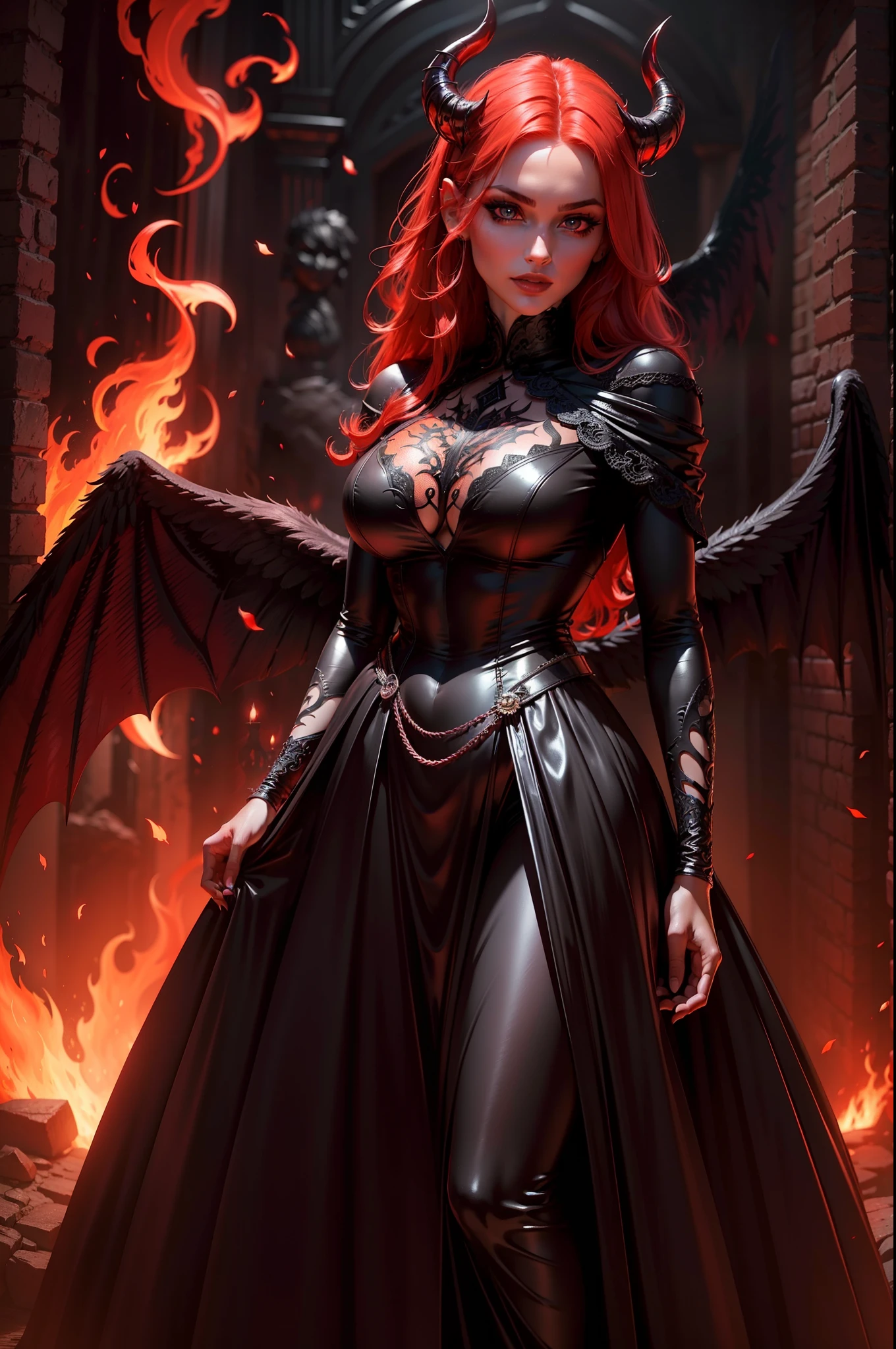 (best quality,4k,8k,highres,masterpiece:1.2),ultra-detailed,(realistic,photorealistic,photo-realistic:1.37),red-skinned devil girl,beautiful detailed eyes,beautiful detailed lips,extremely detailed eyes and face,long eyelashes,glistening red skin,fiery hair,sharp devil horns,sinister smile,dark and intense gaze,girl with wings,flaming wings,black flowing gown,dark and eerie atmosphere,molten lava background,demonic energy,ominous shadows,dramatic lighting,vivid colors,surreal art style,contrast between light and dark,stylized interpretation,