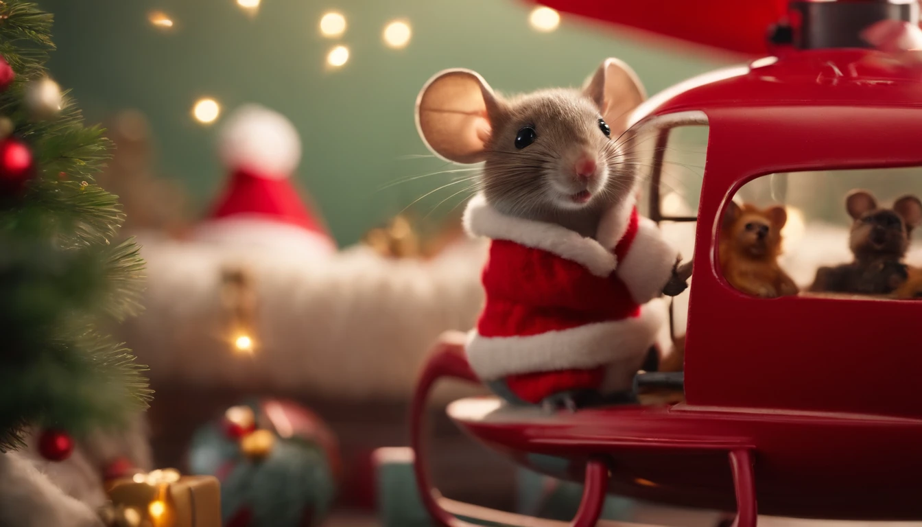 cute mouse wearing a red sweater in a red toy helicopter next to santa in his sleigh, view from behind the mouse