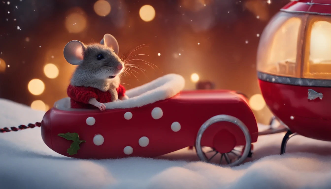 cute mouse wearing a red sweater in a red toy helicopter next to santa in his sleigh, view from behind the mouse