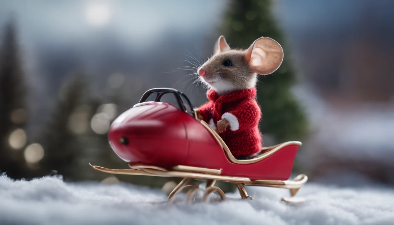 cute mouse wearing a red sweater in a red toy helicopter next to santa in his sleigh, view from behind the mouse