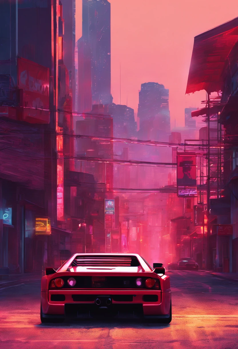 retrowave. city, Ferrari F40, wide body kit, road, red neon lights, sun, mountain, (masterpiece,detailed,highres),