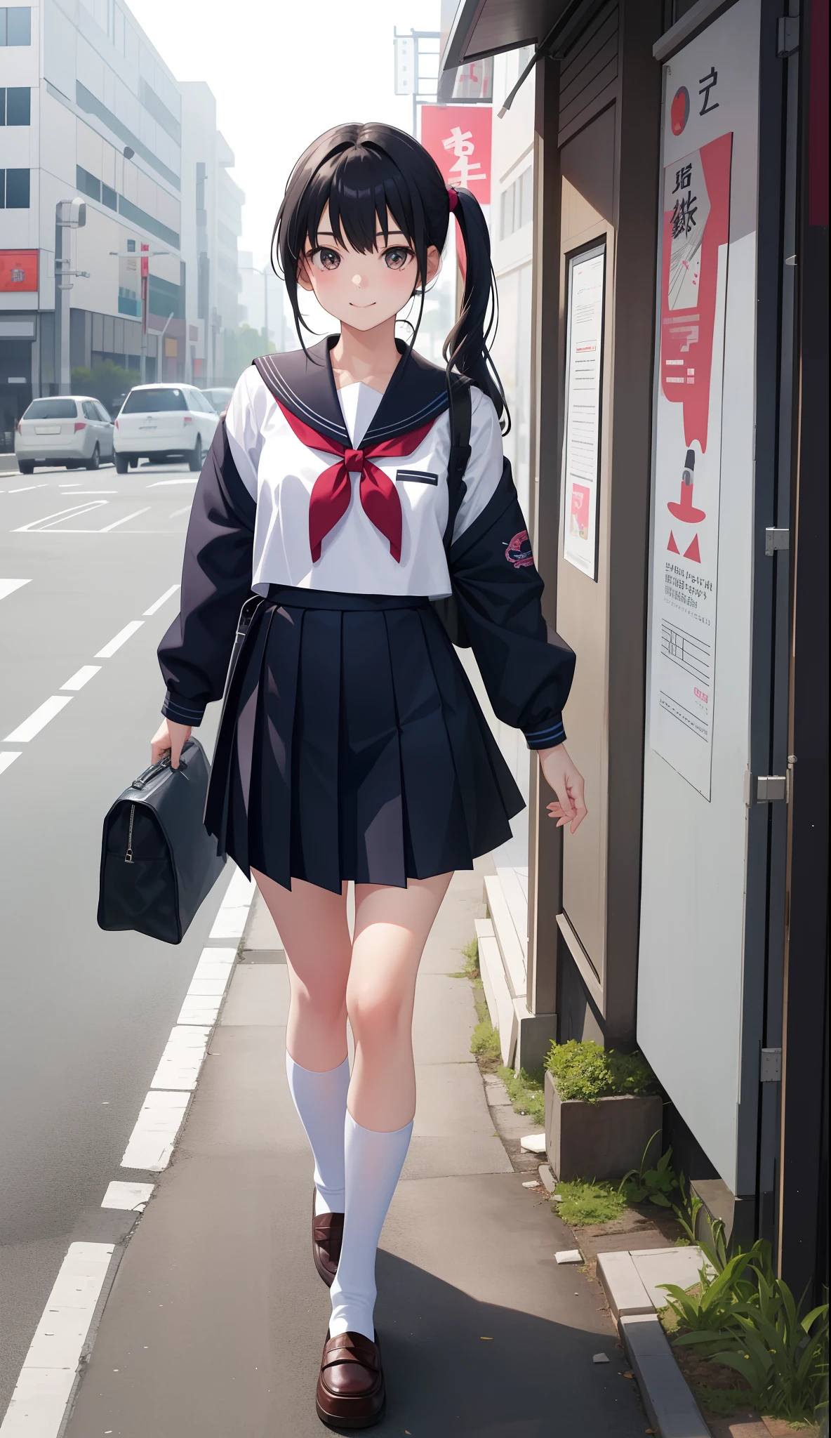1girl in、AS-Adult、a smile、The shirt、skirt by the、（small tits）Japan High School、校服、serafuku、Walking with a thigh、Upper body portrait、