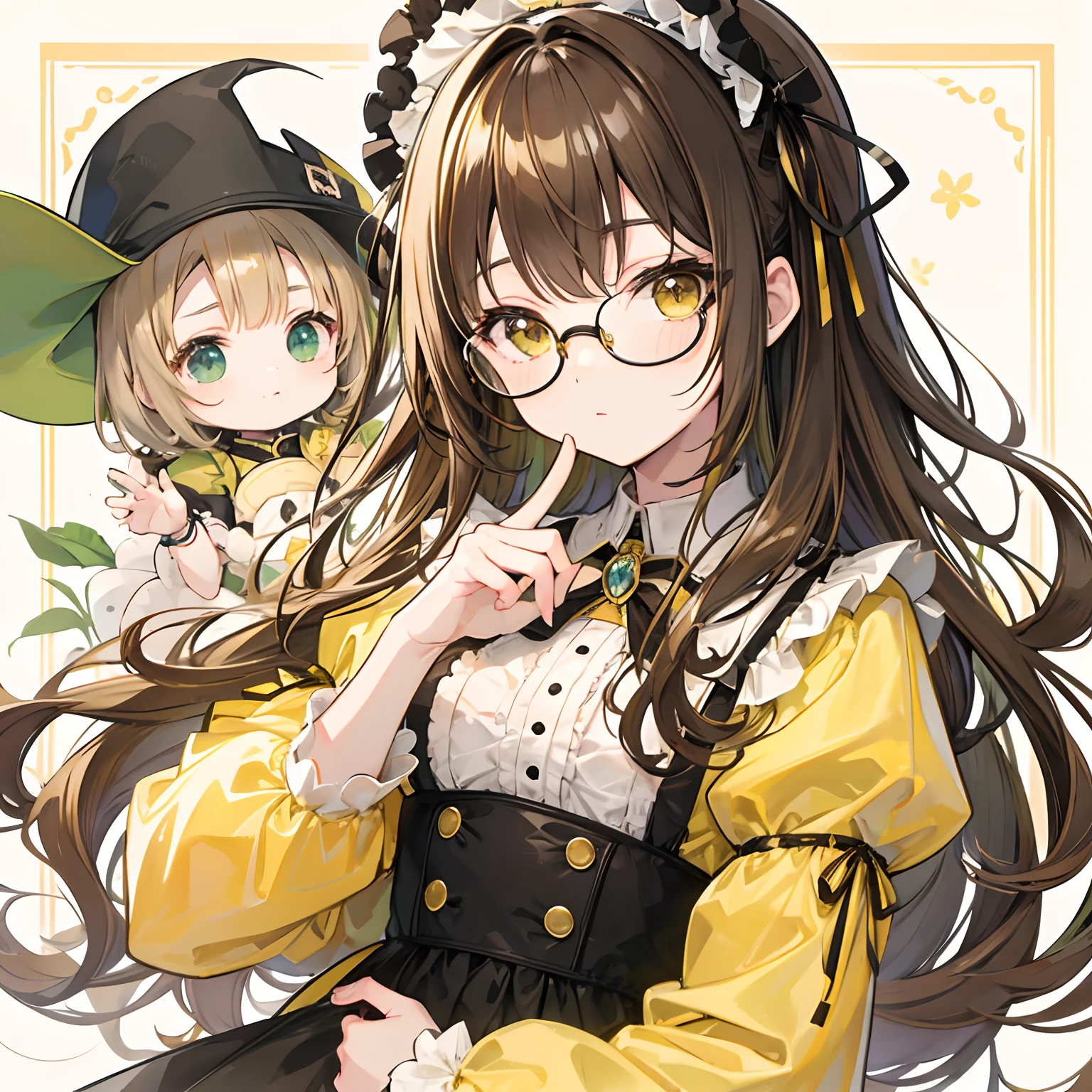 Light yellowish brown hair,With thick black-framed glasses,Lolita clothes in yellow-brown and pale green colors,The face is shiny and shiny,It is a cute and cute loli