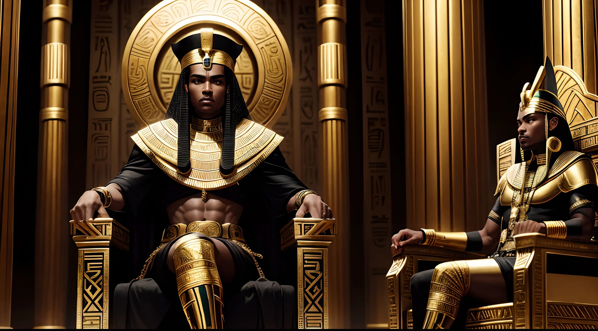 Strong Ebony Egyptian warrior male African American looking god wearing black, red, and gold futuristic outfit sitting on throne in hieroglyphic filled room.