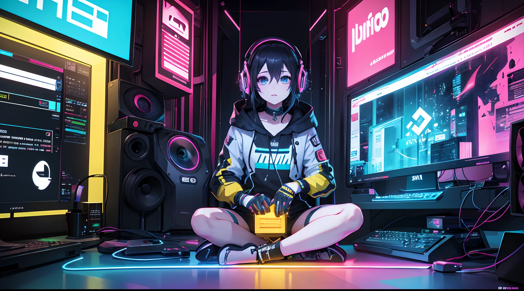 (ultra realistic, girl, short black hair, headphones, sitting, slumped in an armchair, in a futuristic cabin, surrounded by monitors, and olographic screens , view from above, blue lights, flat chest, pre-adolescent. She looks with disgust, mini-skirt, visible panties. open legs