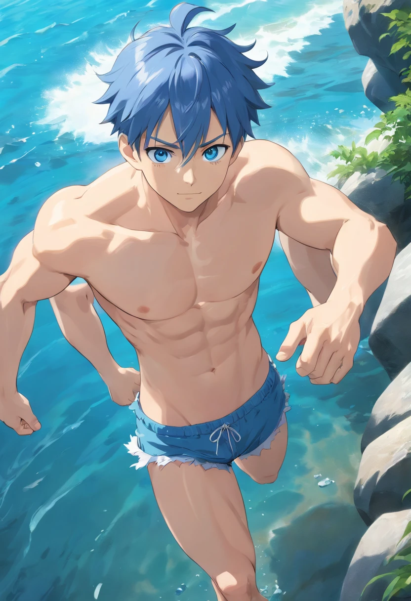 (best quality,4k,8k,highres,masterpiece:1.2),ultra-detailed,realistic,blue eyes,toned abs,full body,jewelry,focus on male,pectoral muscles,solo performance,swimming trunks,bare-chested male,barefoot,Close-up of feet