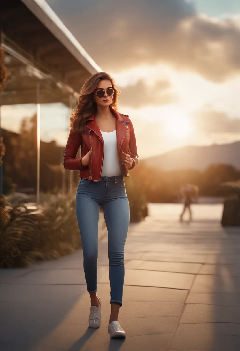 A woman in a red jacket and jeans walking down a sidewalk - SeaArt AI