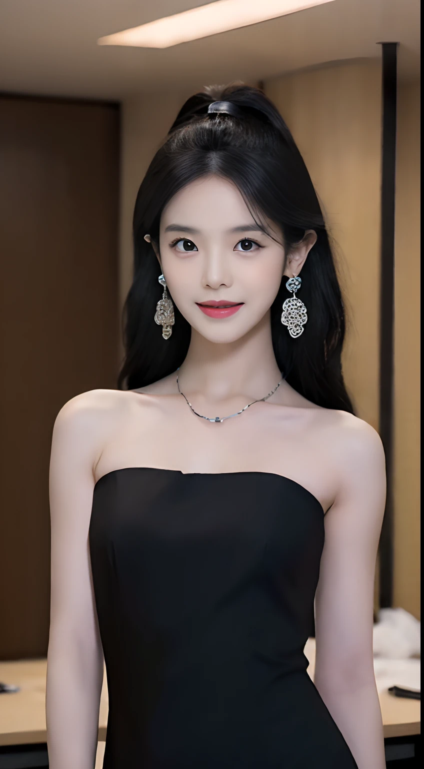 jujingyi, 1girl, solo, long hair, looking at viewer, black hair, black dress, upper body, <lora:jujingyi_v3:0.7>