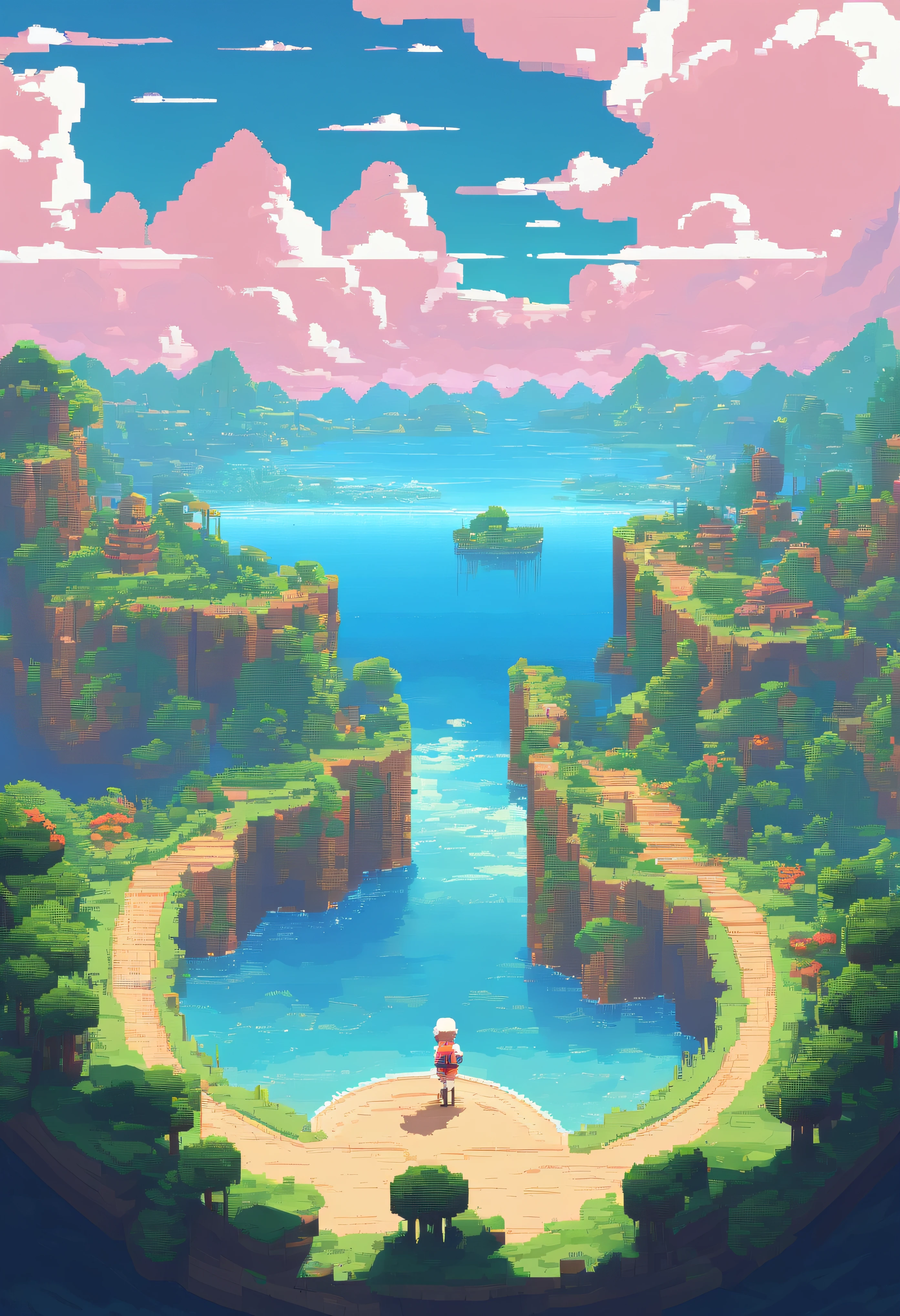 pixel art、3D pixel art 4K wallpaper. Incredible pixel art details. Pixel art. steam wave. Detailed Unreal Engine pixel art、Seven Days of God's Creation、There is a canopy separating the sky from the sea、