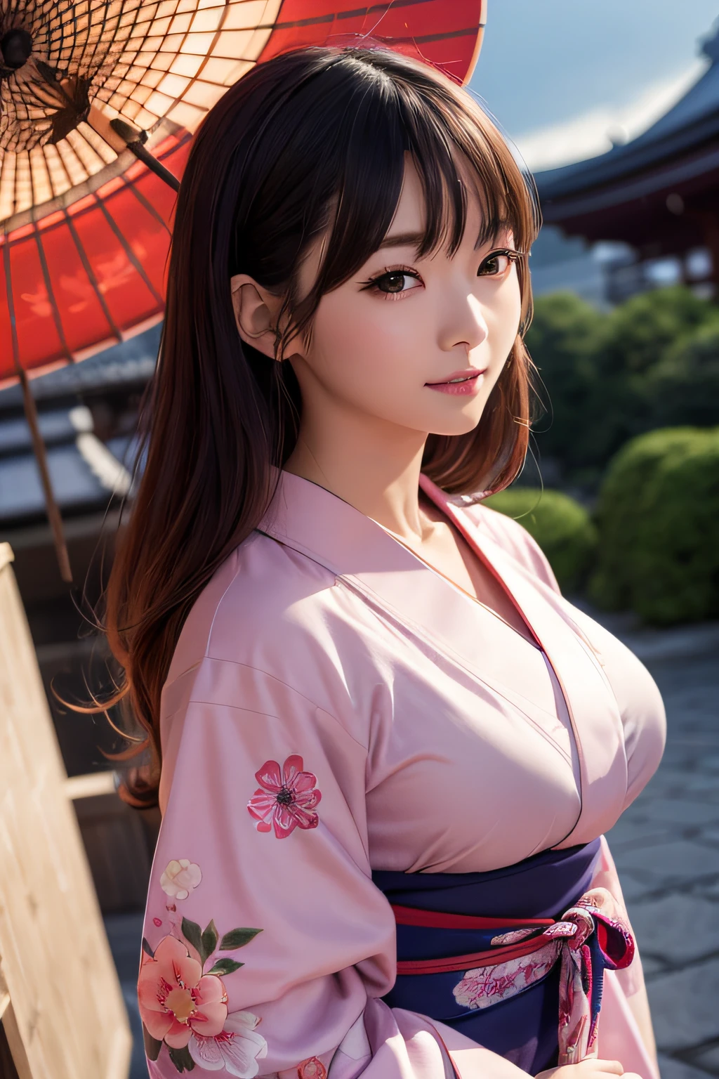 Best Quality、masutepiece、超A high resolution、(Photorealistic:1.4)、(Thin eyebrows:0.2)、(thin lipss:0.8)、(small nose:0.8)、Appearance without makeup、japanes、adult lady、up hair、（Colorful yukata:1.2)、(collars:1.2)、(Japan kimono obi:1.2)、Smile、(the perfect body:1.2)、dynamicposes、Big breasts、firework background、shrine background、Night background、By Michelangelo、ulzzang -6500-v1.1