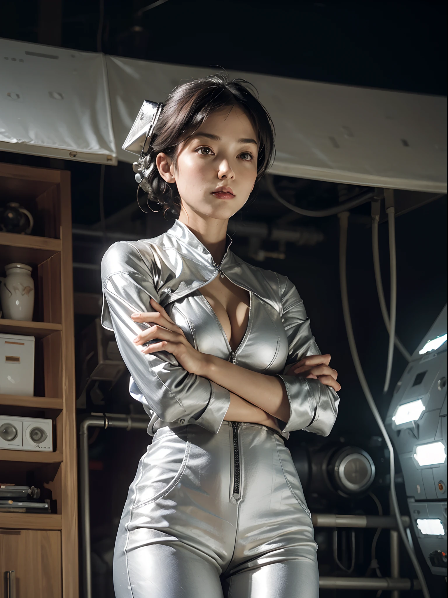Excellent picture quality, Outstanding details, Ultra-high resolution, (Realism: 1.4), ((Close up:0.75)), The best illustration, favor details, intense concentration,Suitable for ung woman, Beautiful and delicate face, perfectly proportioned, (Slim:0.3, smallunderboob), (Slip on a skinny monolithic silver Starfleet jumpsuit, colors of clothing: Metallic silver, Spacecraft control panel, The captain's bridge of the spaceship in the background,