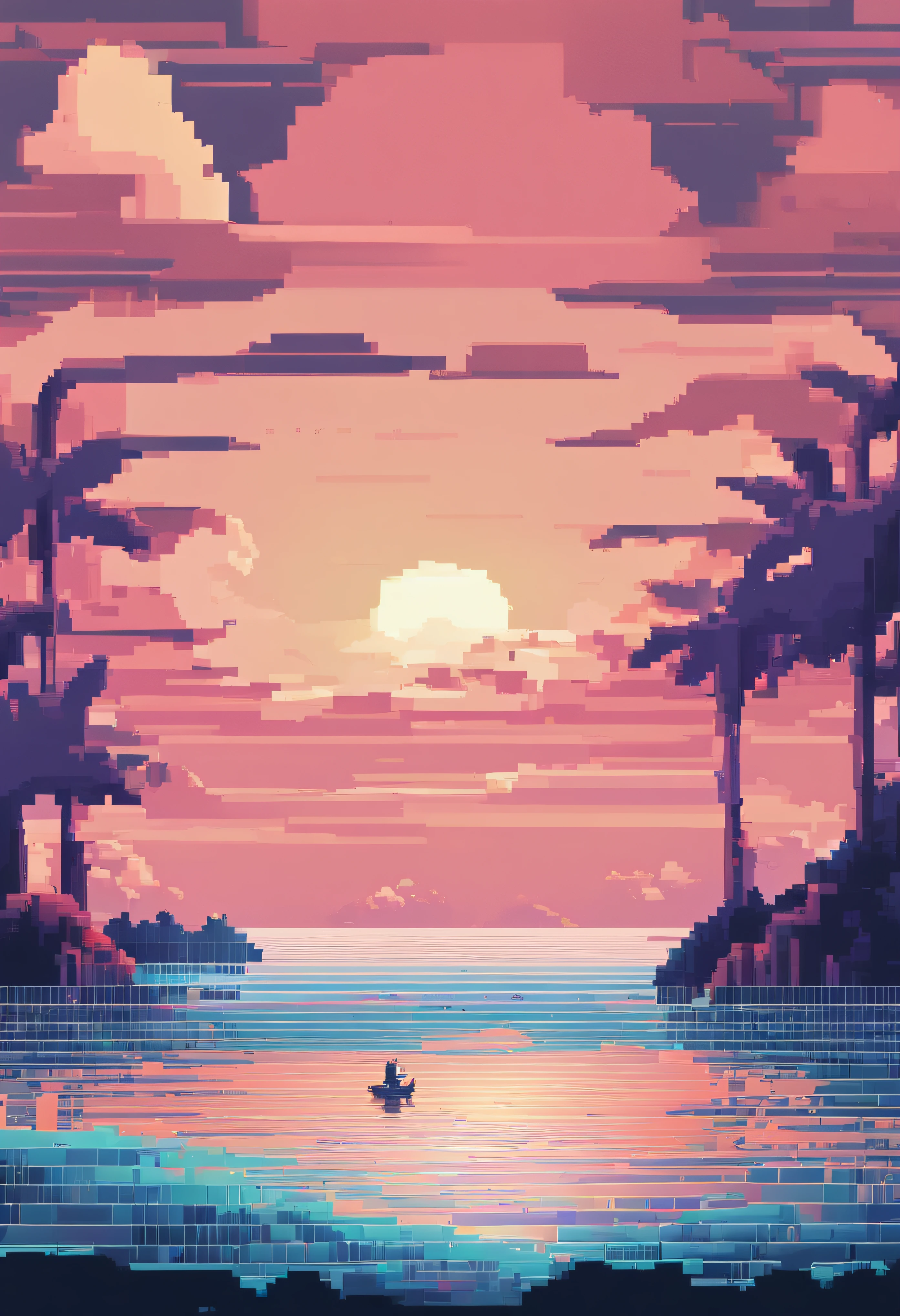 pixel art、3D pixel art 4K wallpaper. Incredible pixel art details. Pixel art. steam wave. Detailed Unreal Engine pixel art、Seven Days of God's Creation、There is a canopy separating the sky from the sea、