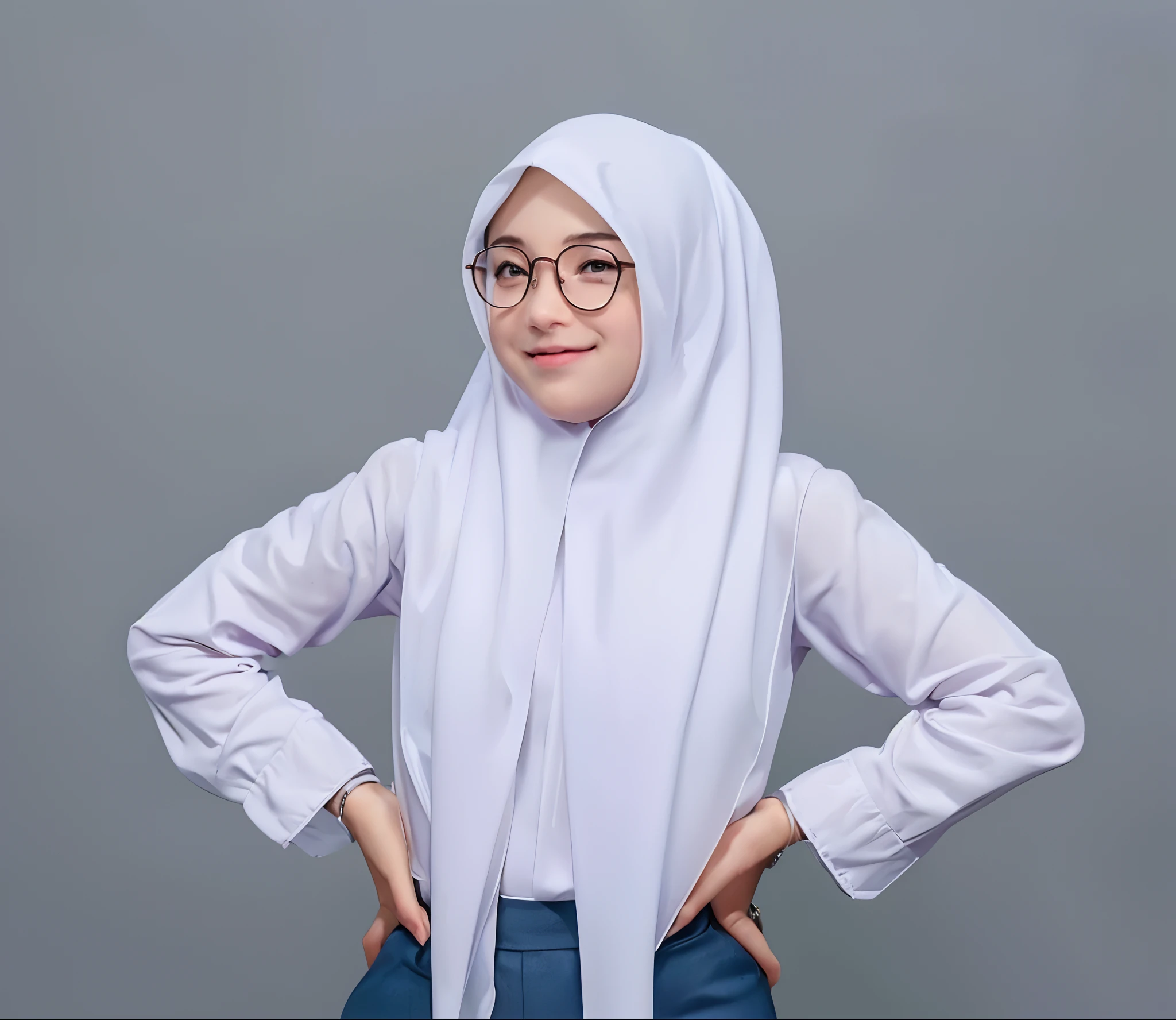 works, best quality, highly detailed, illustrations, epic lighting, cinematic composition, isometric, 1girl, solo, cute, wearing glasses, beautiful eyes, hair covered in hijab, bright white hijab, long white girl shirt, gray skirt, formal , beautiful, pose according to photo, hands holding waist, looking at the audience, sweet smile, standing, sweet smile, anime