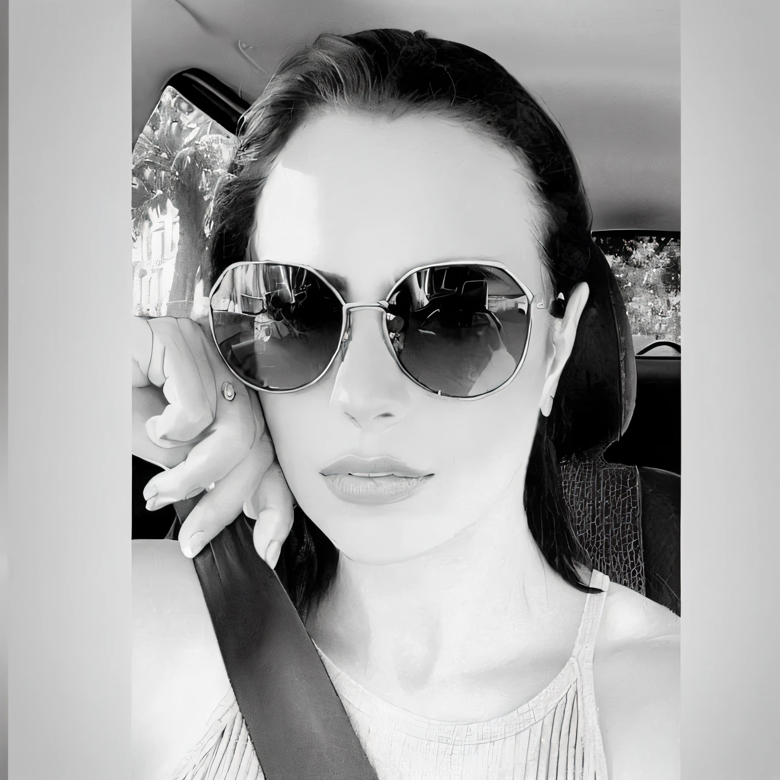 Create 10 Profile of This Beautiful Woman Wearing Sunglasses In Car With OMBro Strap And OmBro Bag, Directed by: Winona Nelson, B&w foto, tirado no iphone 14 pro, 💋 💄 👠 👗, Directed by: Teresa Fasolino, tirado no iphone 1 3 pro, in Black and White Only her fleshy and sensual lips with a vermelhor color skirting her beautiful sensual lips Direction: Myra Landau, sentada em seu carro, imagem de perfil, with sunglasses, hot summer sun