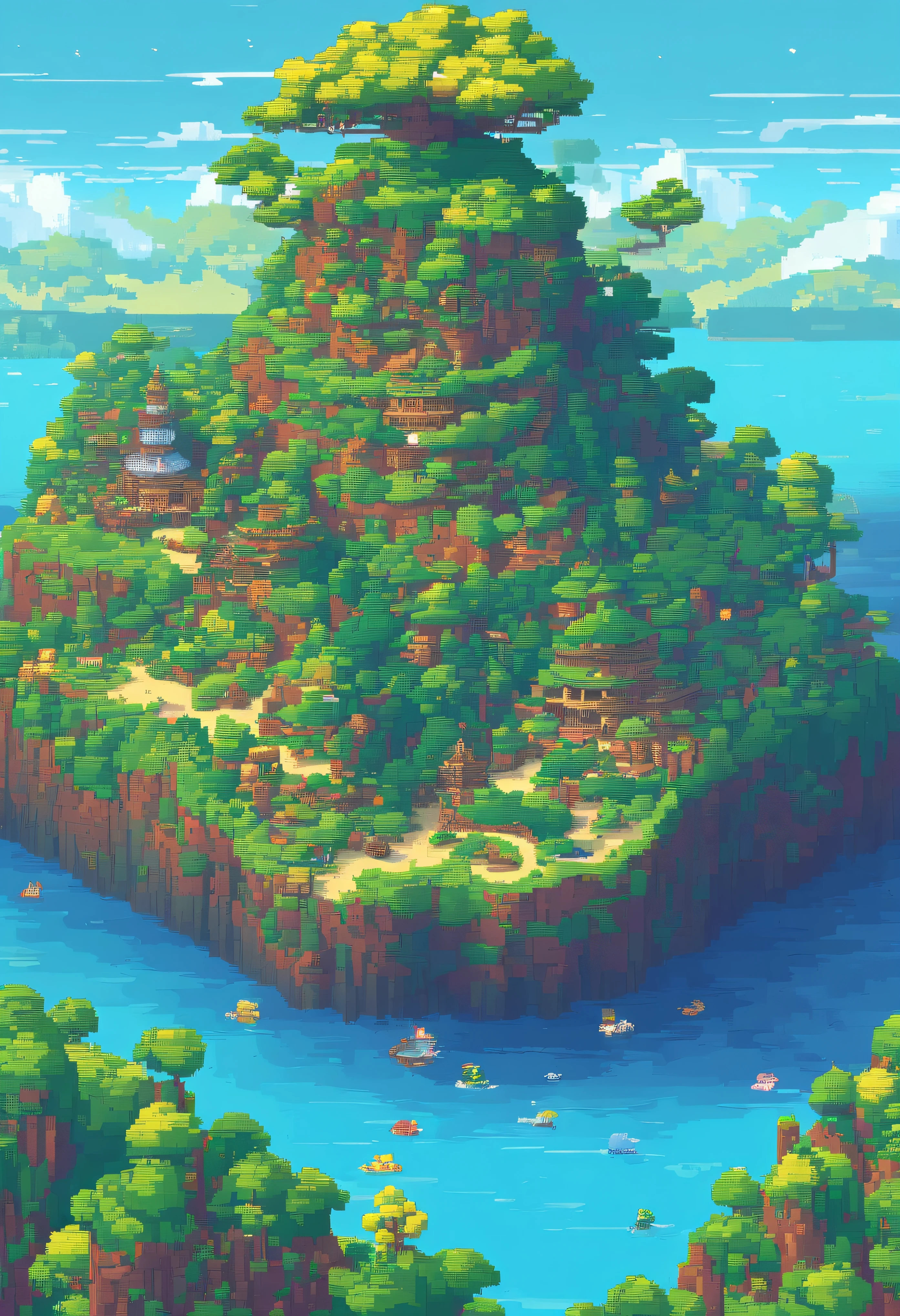 pixel art、3D pixel art 4K wallpaper. Incredible pixel art details. Pixel art. steam wave. Detailed Unreal Engine pixel art、Seven Days of God's Creation、There is a canopy separating the sky from the sea、