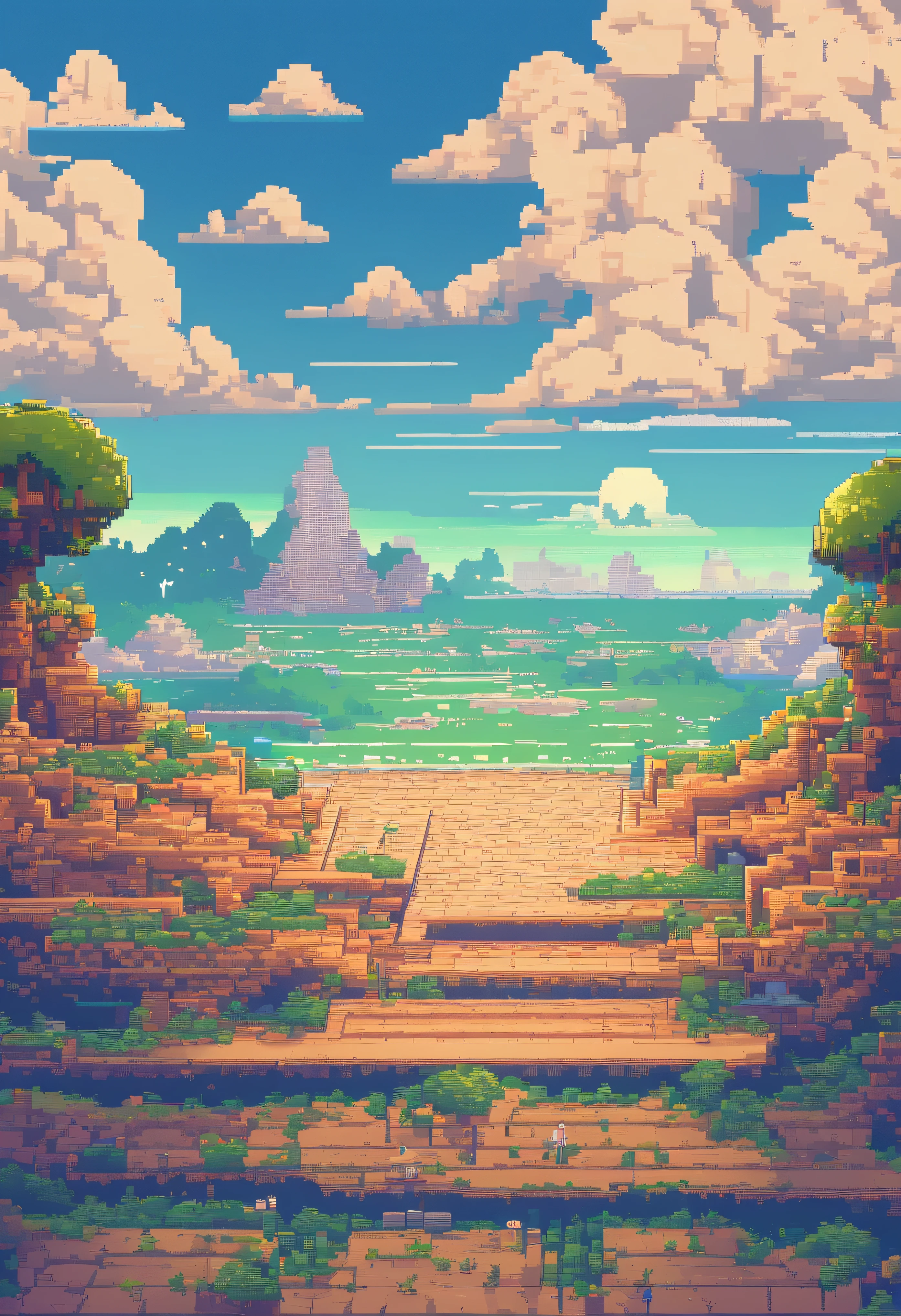pixel art、3D pixel art 4K wallpaper. Incredible pixel art details. Pixel art. steam wave. Detailed Unreal Engine pixel art、Seven Days of God's Creation、There is a canopy separating the sky from the sea、