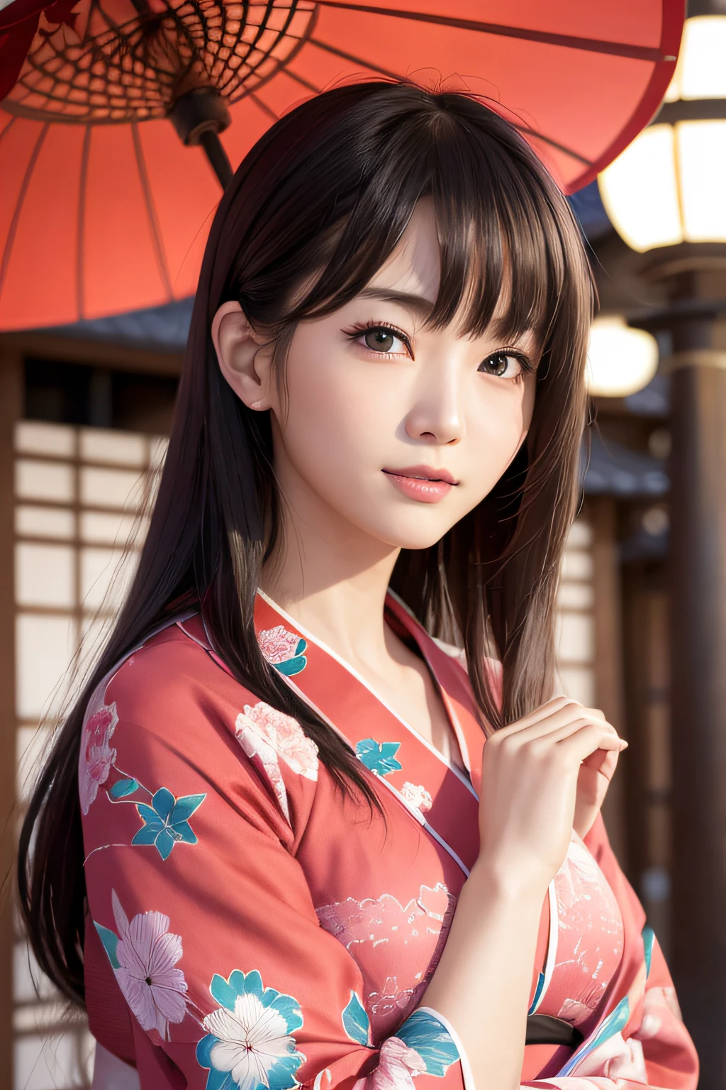 Best Quality、masutepiece、超A high resolution、(Photorealistic:1.4)、(Thin eyebrows:0.2)、(thin lipss:0.8)、(small nose:0.8)、Appearance without makeup、japanes、adult lady、up hair、(Colorful yukata:1.2)、(collars:1.2)、(Japan kimono obi:1.2)、Smile、(the perfect body:1.2)、dynamicposes、Big breasts、firework background、shrine background、Night background、By Michelangelo、ulzzang -6500-v1.1