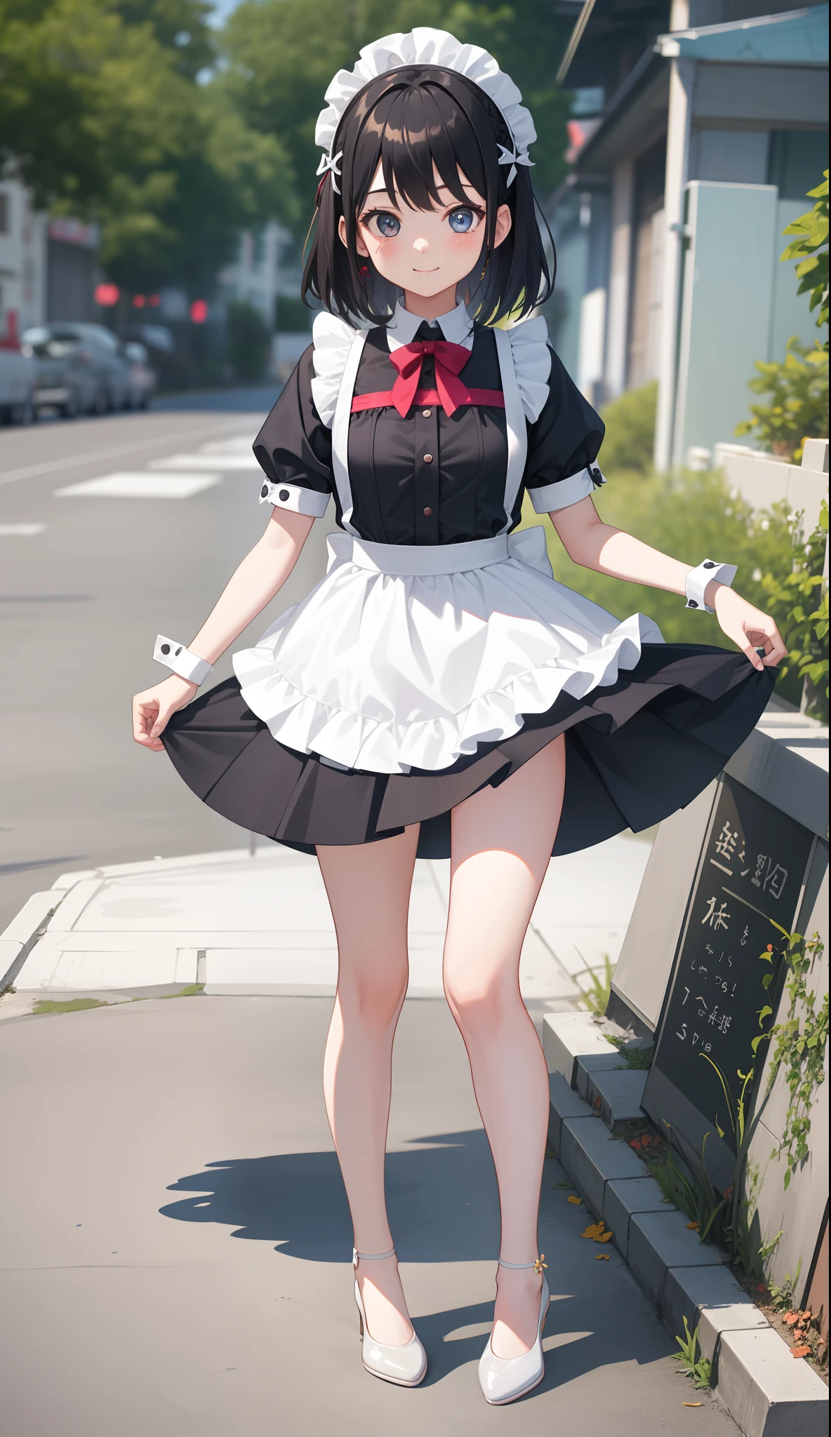 1girl in、AS-Adult、A smile、The shirt、Mini skirt、pantiy、(small tits)、doress、pinafore、Hair decoration、(Maid costume)、Walking with a thigh、Upper body portrait、