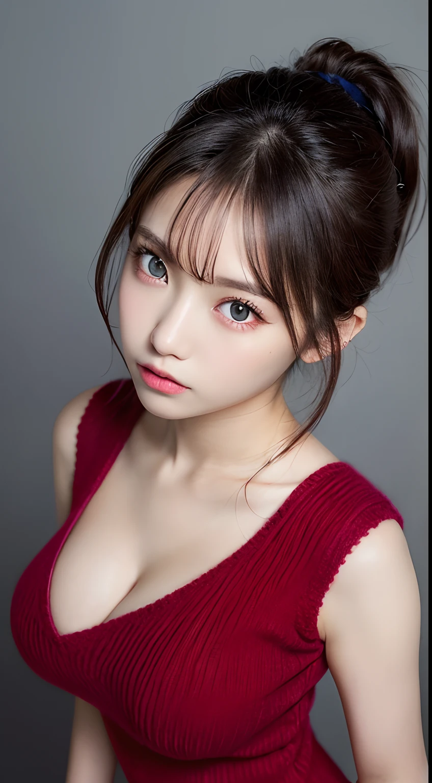 masutepiece, Best Quality, Illustration, Ultra-detailed, delicate detail, Hight Resolution, 8K wallpaper, Perfect dynamic composition, Beautiful detailed eyes, Natural Lip, (Sexy red knit dress:1.3), (((Huge breasts :1.2, and droopy breasts:1.1))), cleavage, Random sexy poses, s whole body, super delicate face, (((Dazzlingly white skin))), moist lips, (ponytail hair), Innocent Big Eyes, Detailed Eyes, ((very detail eyes)), (from above:1.2), (Japanese)