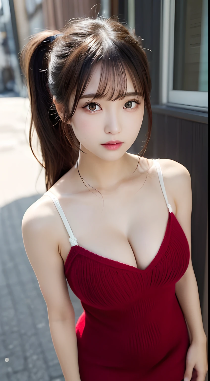 masutepiece, Best Quality, Illustration, Ultra-detailed, delicate detail, Hight Resolution, 8K wallpaper, Perfect dynamic composition, Beautiful detailed eyes, Natural Lip, (Sexy red knit dress:1.3), (((Huge breasts :1.2, and droopy breasts:1.1))), cleavage, Random sexy poses, s whole body, super delicate face, (((Dazzlingly white skin))), moist lips, (ponytail hair), Innocent Big Eyes, Detailed Eyes, ((very detail eyes)), (from above:1.2), (Japanese)