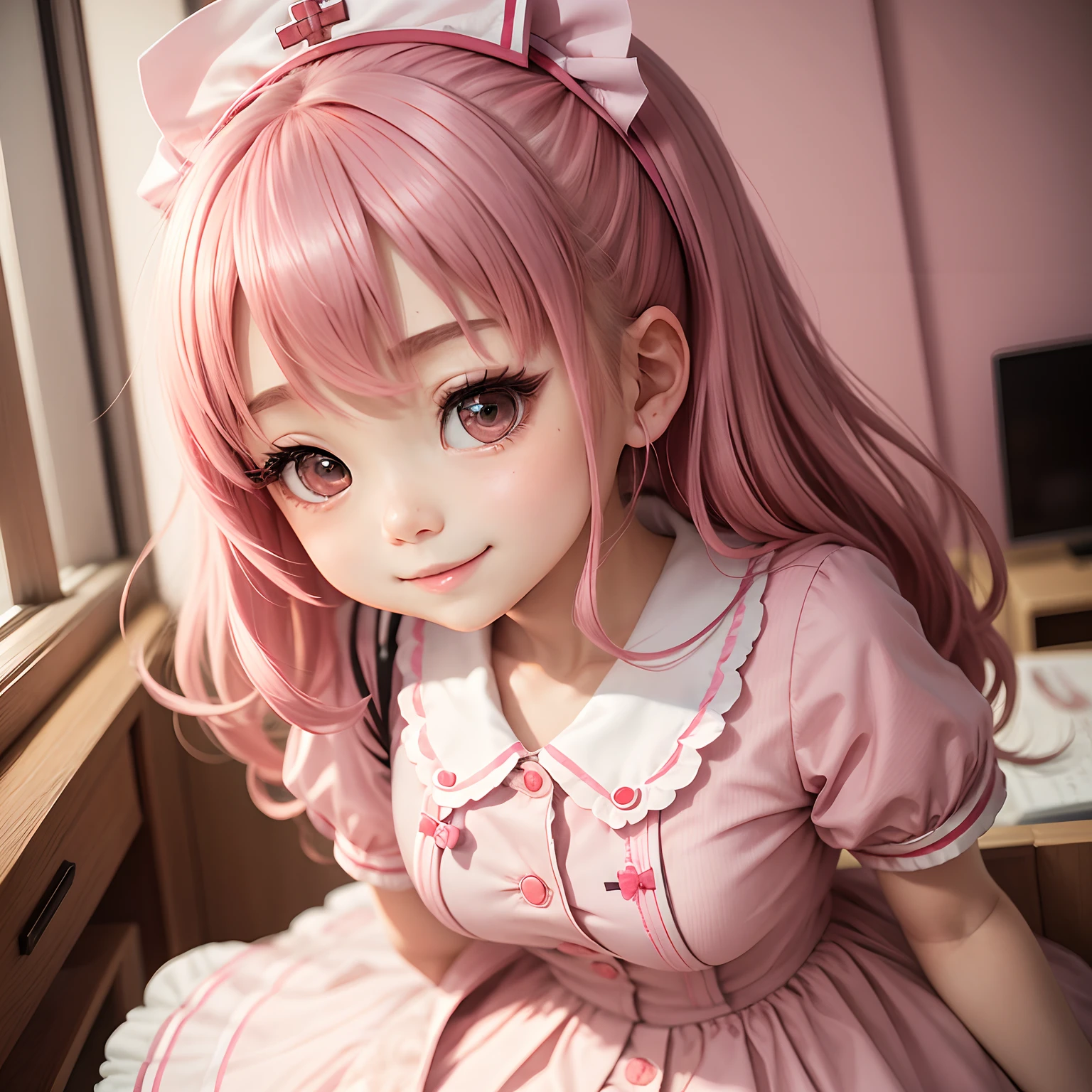 1:1 Style、2nd class、Chibi ta Musume、Nurse、Pink Uniform、shortsleeves、kindly smile、kawaii、Chibi