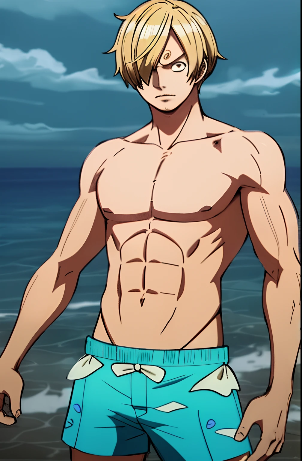 Man, sanji hair, curly eyebrows, shirtless, with swimming trunks, sanji, vinsmoke sanji, 1 man, wanostyle, ((masterpiece)), (Best quality), (Extremely detailed), sketch, dark intensive shadows, Sharp focus quality, hdr, Colorful, Good composition, spectacular, Anime screenshots, Vinsmoke sanji, one piece, full body,
