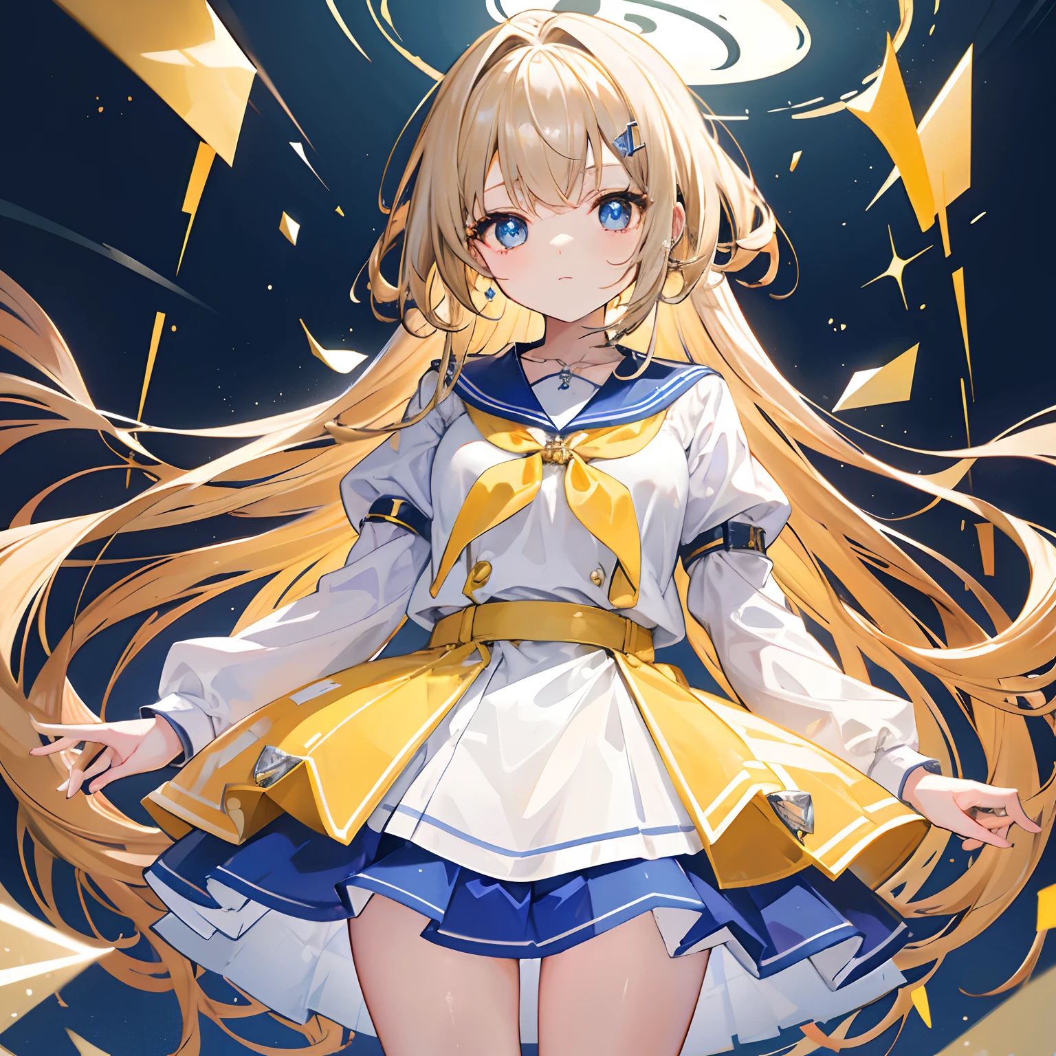 Glowing light brownish yellow with hair and pupils,Blue and white school uniforms,With a silver crystal pendant,Sweet girl,The whole is shining