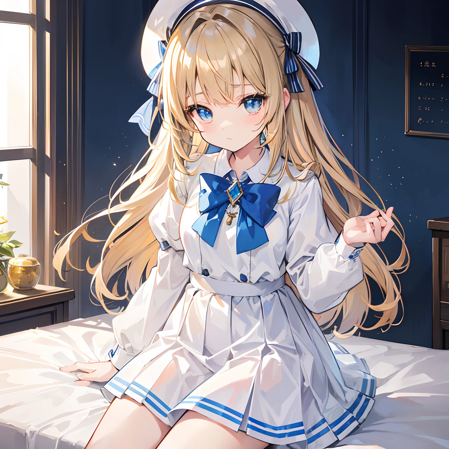 masterpiece, best quality, highres, 1girl seia halo, detached sleeves white frilled dress white sailor collar sleeves past wrists white pantyhose <lora:seia:1> lying on back, bed sheet, arms up