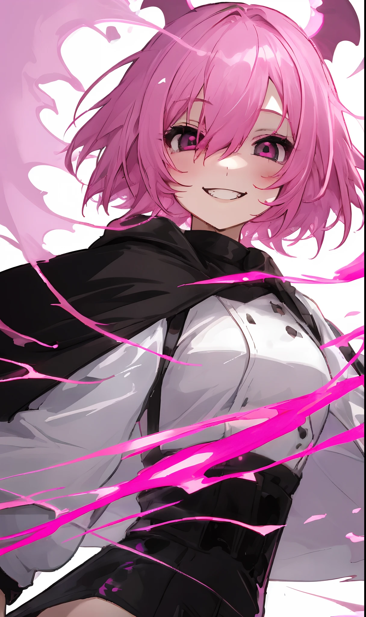 1girl, Pink hair, Black eyes, short hair, White background, Scary smile, moge-ko, black coat, Demon eyes