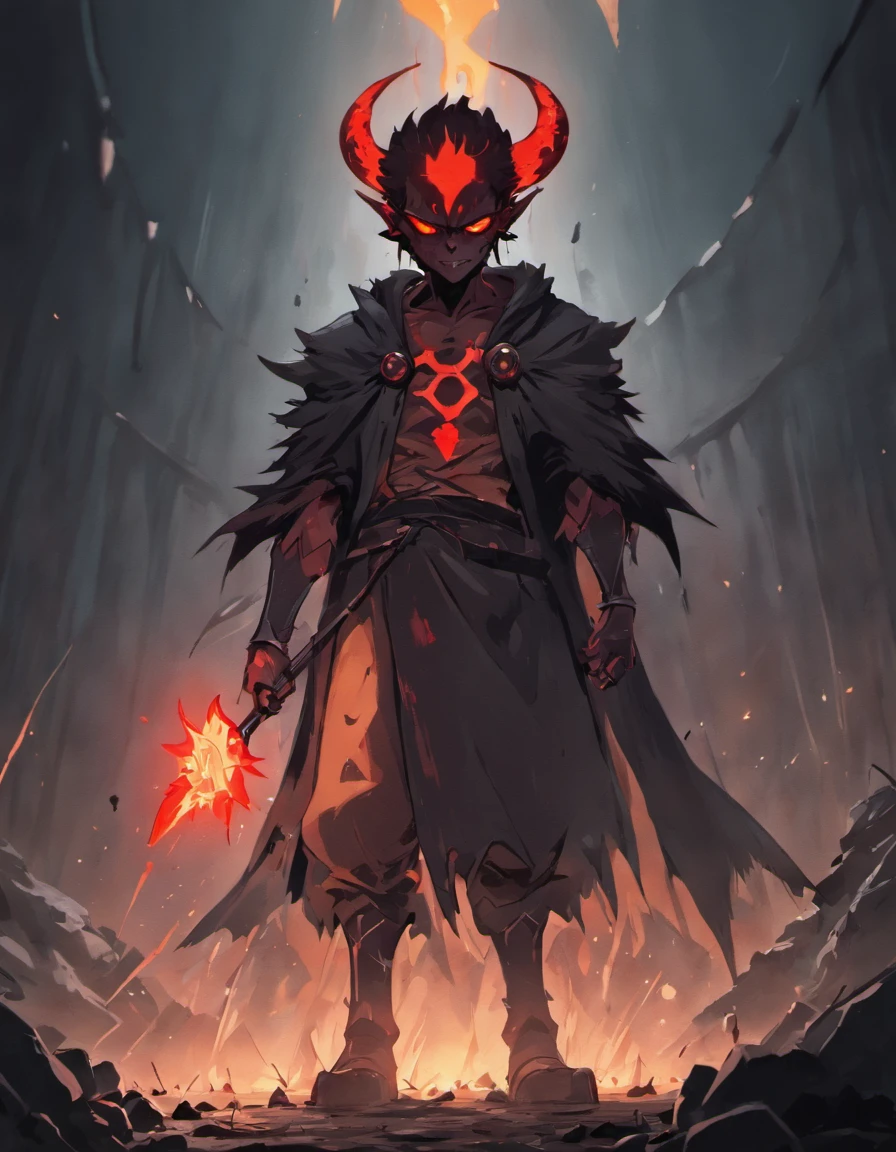 A demon miner, dark and mysterious, working deep underground in a mine, surrounded by glowing rocks. The demon has fiery red eyes and a sinister smile, with sharp teeth. It is wearing a tattered, black cloak, covered in dirt and dust. The mine is dimly lit, with streams of light filtering through narrow cracks in the rocky walls. The demon is holding a pickaxe, its muscular arms covered in soot and grime. The atmosphere is filled with a sense of danger and eerie silence. The demon's presence is highlighted by a haunting, supernatural glow, illuminating the surroundings. The colors are predominantly dark and desaturated, with occasional bursts of vibrant red and orange from the glowing rocks.