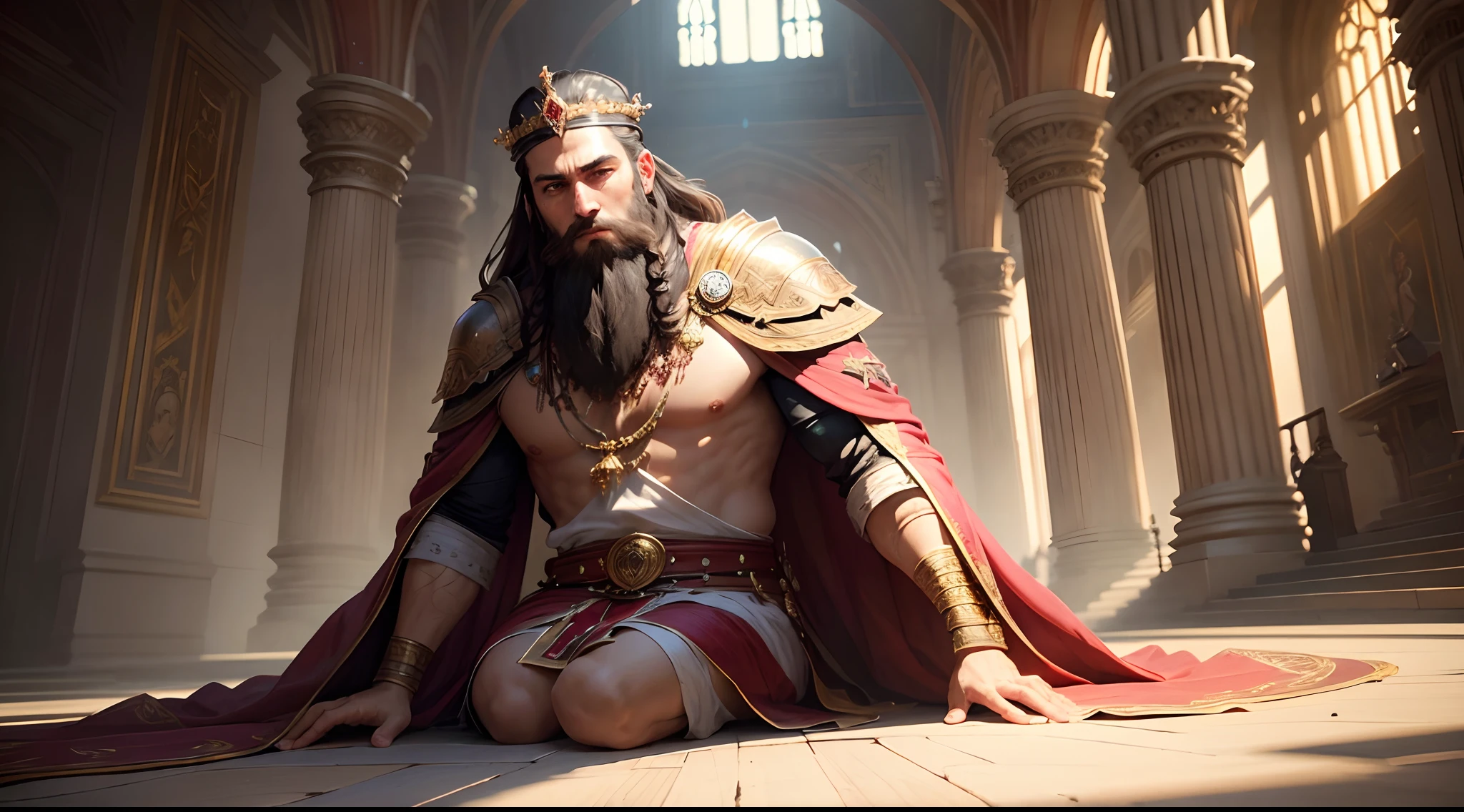 8k portrait of King Solomon, on his knees praying, with medium beard, (dark brown hair and beard), brown eyes, dressed in white and red tonic, ((with a king's crown on his head with 12 precious stones of different colors)), intricate, elegant, highly detailed, majestic, digital photography, art by artgerm and ruan jia and greg rutkowski surreal painting, background an interior of a super detailed palace (masterpiece, Side lighting, beautiful finely detailed eyes: 1.2), HDR