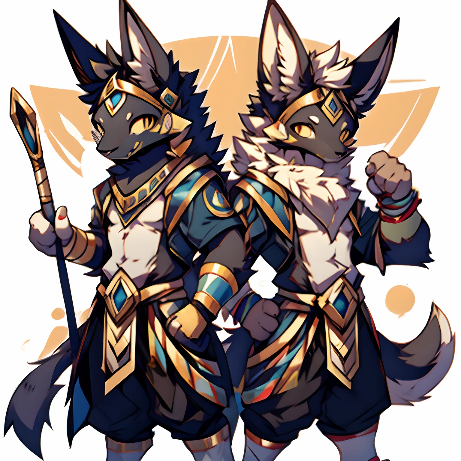 Anubis,musculature,Bestialization diagram,soio, haar, whaite hair, gray colored skin, grey ears, Gold eyes, sharp talons, Cute tail