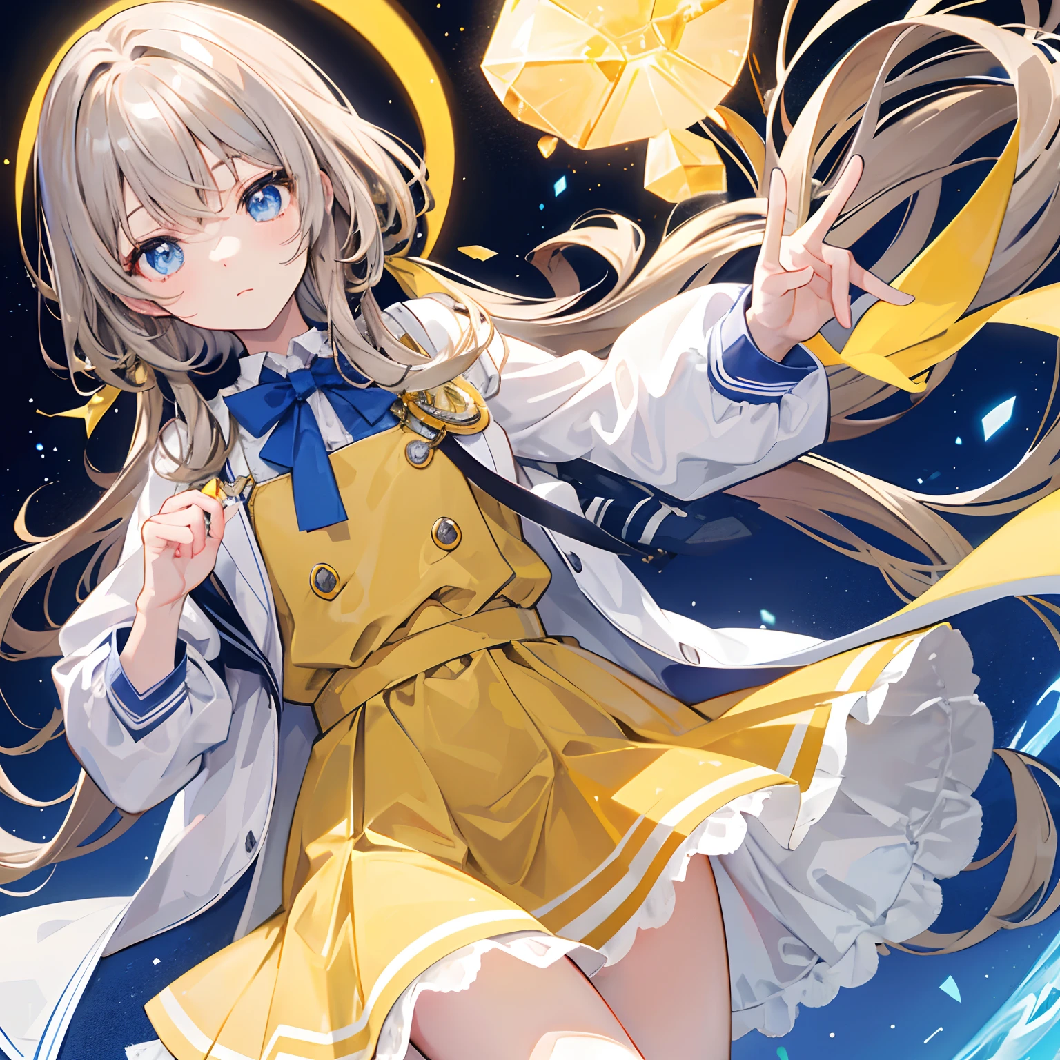 Glowing light brownish yellow,There is hair and pupils,Blue and white school uniforms,With silver crystal pendant,Sweet li girl,Overall shine