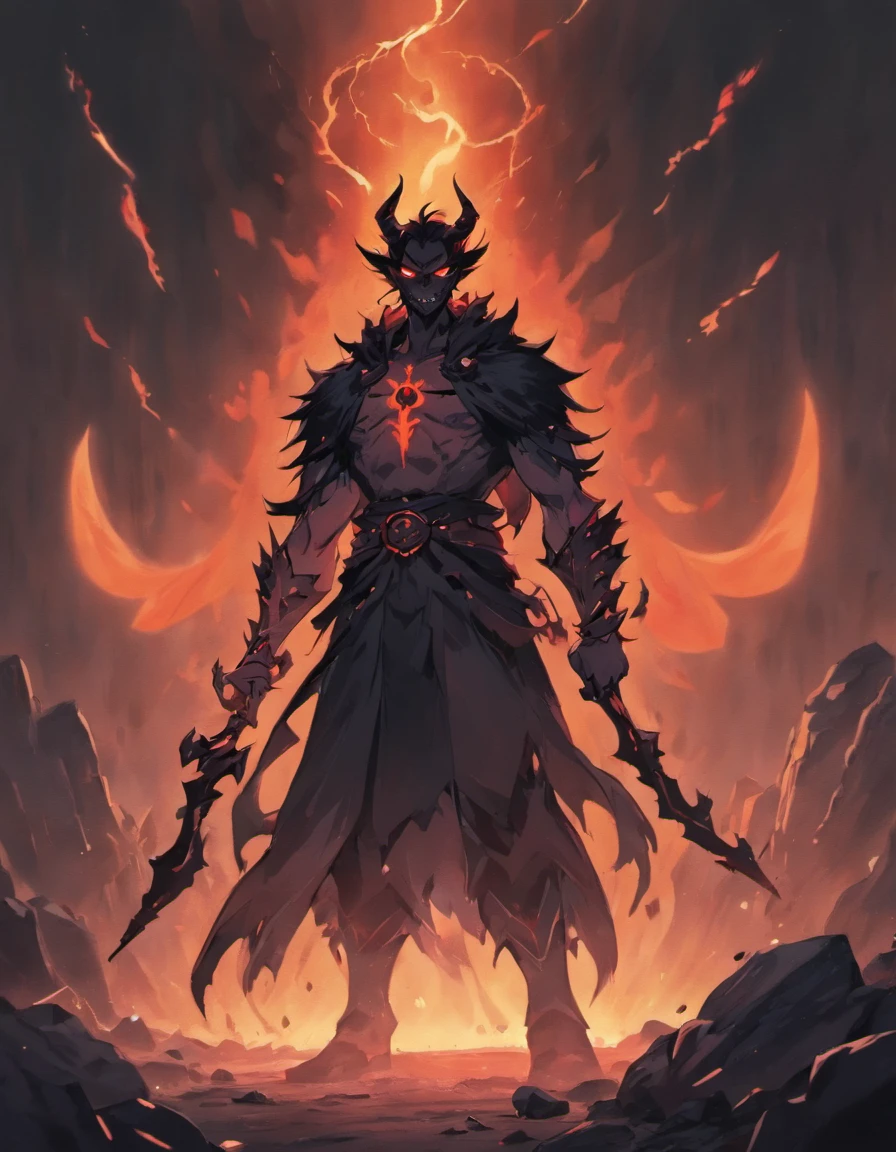 A demonic horns, dark and mysterious, working deep underground in a mine, surrounded by glowing rocks. The demon has fiery red eyes and a sinister smile, with sharp teeth. It is wearing a tattered, black cloak, covered in dirt and dust. The mine is dimly lit, with streams of light filtering through narrow cracks in the rocky walls. The demon is holding a pickaxe, its muscular arms covered in soot and grime. The atmosphere is filled with a sense of danger and eerie silence. The demon's presence is highlighted by a haunting, supernatural glow, illuminating the surroundings. The colors are predominantly dark and desaturated, with occasional bursts of vibrant red and orange from the glowing rocks.