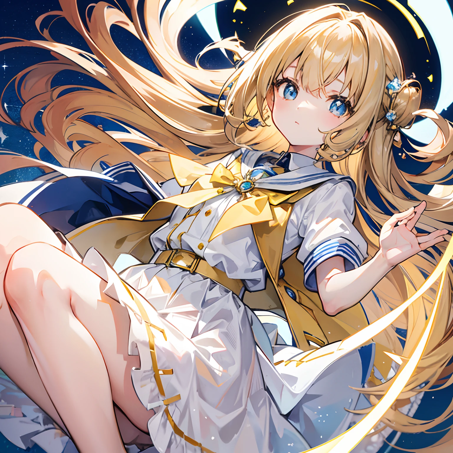 Glowing light brownish yellow with hair and pupils,Blue and white school uniforms,With a silver crystal pendant,Sweet girl,The whole is shining