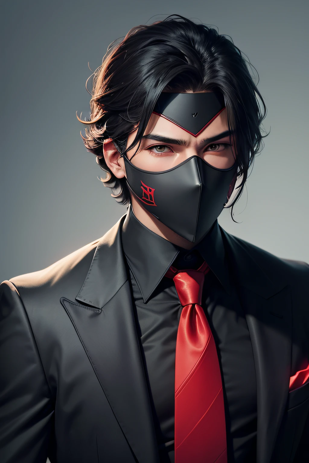 male character in black suit, red tie, coral, black mask covering the entire face, dark