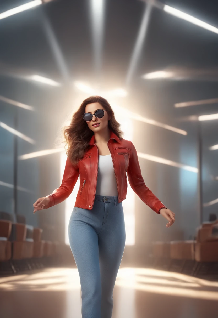 high quality, 8K Ultra HD, 3D effect, a cartoon-style digital illustration, soft cartoon tones, sunset, beautiful woman walking in the studio, lights, luminosity spreads far from the stage, beautiful face, beautiful eyes, white clouds scatter, in a TV studio on a stage, stylish TV studio, her hair sways gently in the breeze, medium hair, (full body), red leather jacket, brown hair, light blue jeans, wearing glasses, beautiful hair, brown hair, black eye, luminism, three-dimensional effect, enhanced beauty, Albert Anker, Kyoto Animation, Greg Rutkowski, Artgerm, WLOP, Alphonse Beeple, luminism, 3d rendering, octane rendering, isometric, fantastic color,