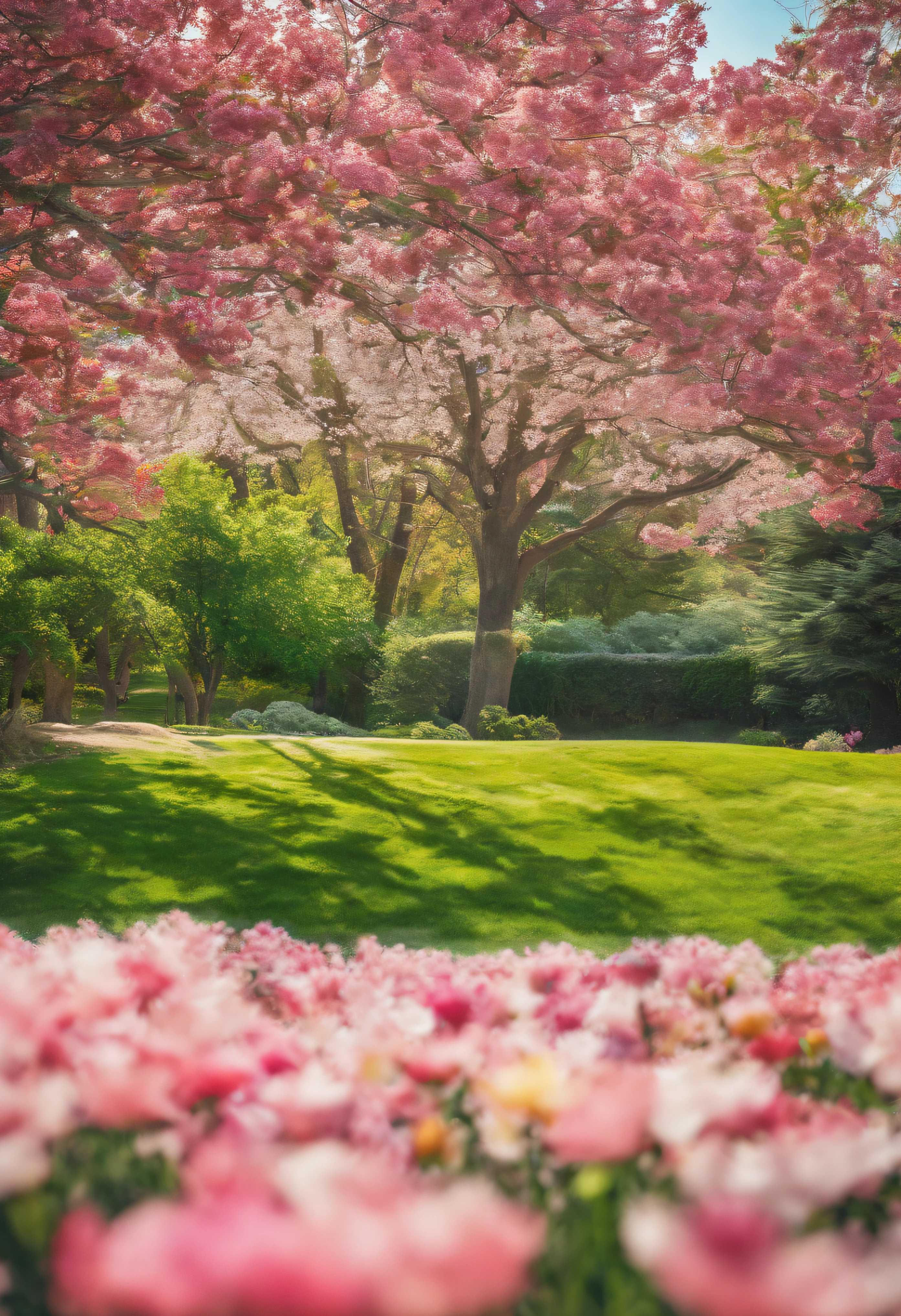Real Photographics, Photography, 65° viewing angle, real light and shadow, plein air, close-up, lawn, A clear day, simple background, Flowers, Trees, realistic detail, 8K high-definition images, Circular platform::2,