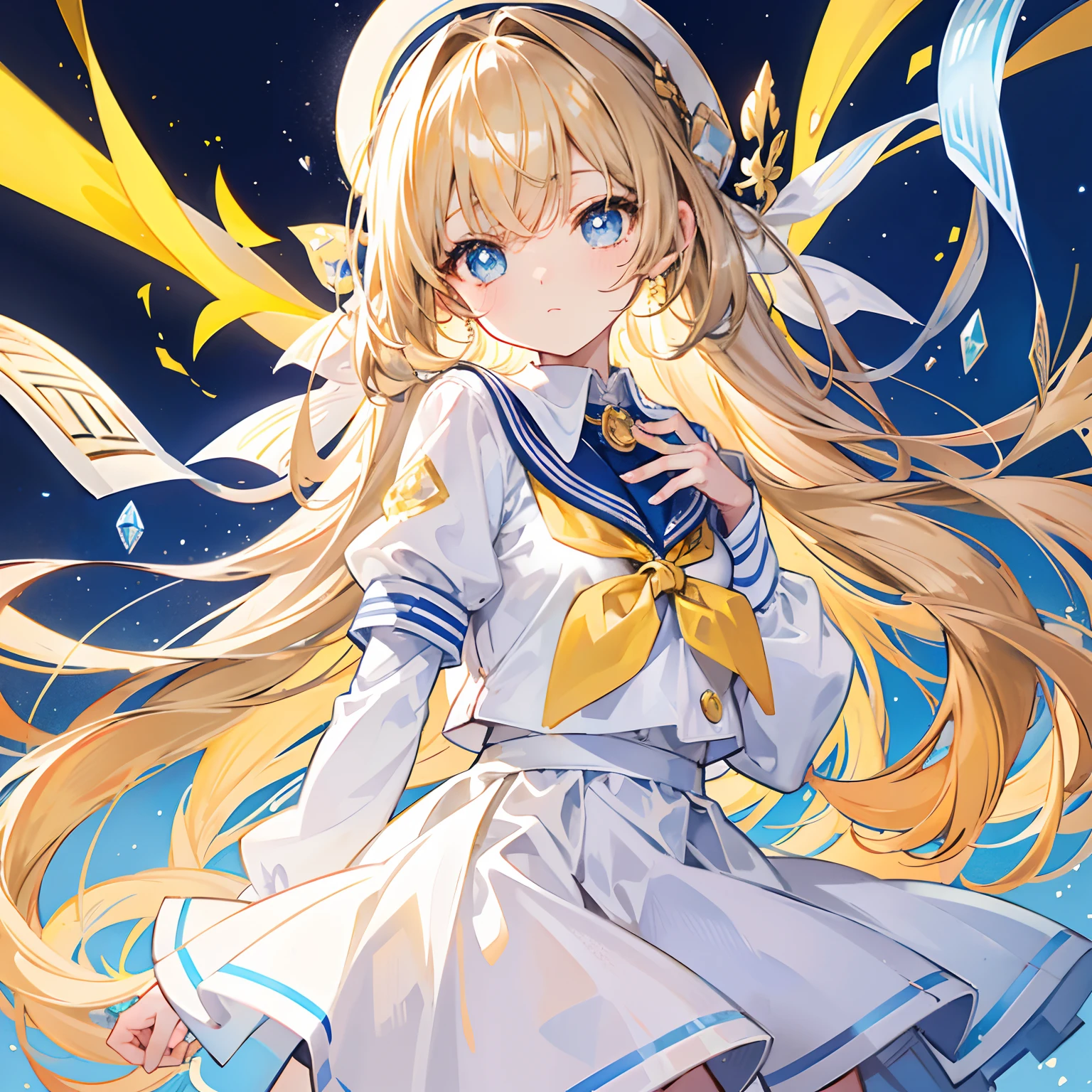 Glowing light brownish yellow with hair and pupils,Blue and white school uniforms,With a silver crystal pendant,Sweet loli girl,The whole is shining