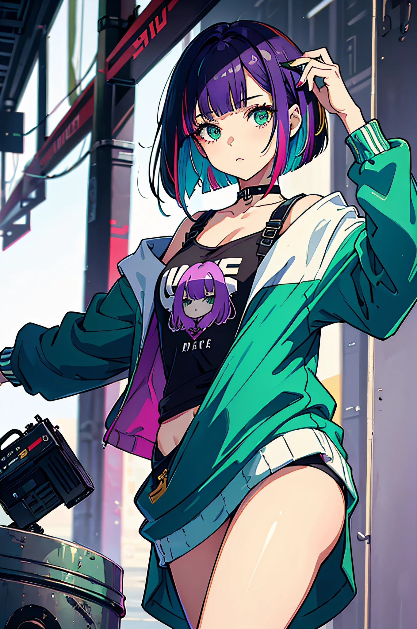 masterpiece,best quality,1girl,solo,multicolored hair,bobcut,no background,streetwear,model,purple hair,green eyes