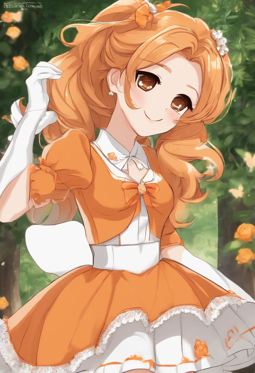 Orange “pretty cure “charecter, pretty, in a “pretty cure” anime style wearing an outfit like the orange pretty cure anime protagonists wearing two long orange flowy ponytails, hair color orange. Very pretty face, excited and eager looking. Wearing not a lot of makeup. Orange poofy upper sleeve that goes into a long white one, wearing white gloves with a feather like pattern on the edge. A gold bracket around the glove. Wearing a flowy bottom that’s flowy on the sides but not on the front, with a white shirt skirt wearing long white thigh high socks, with an orange bow on the chest of the orange dress. She looks very happy and excited