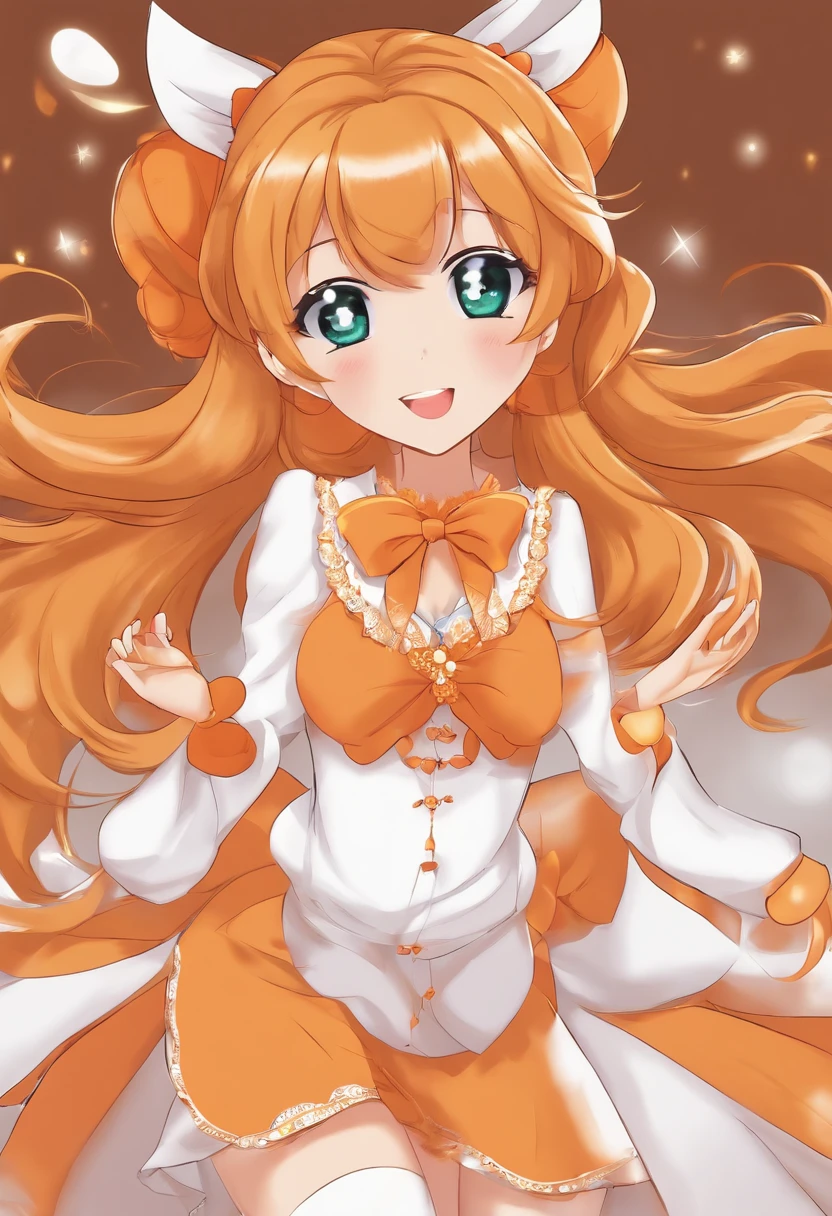 Orange “pretty cure “charecter, pretty, in a “pretty cure” anime style wearing an outfit like the orange pretty cure anime protagonists wearing two long orange flowy ponytails, hair color orange. Very pretty face, excited and eager looking. Wearing not a lot of makeup. Orange poofy upper sleeve that goes into a long white one, wearing white gloves with a feather like pattern on the edge. A gold bracket around the glove. Wearing a flowy bottom that’s flowy on the sides but not on the front, with a white shirt skirt wearing long white thigh high socks, with an orange bow on the chest of the orange dress. She looks very happy and excited