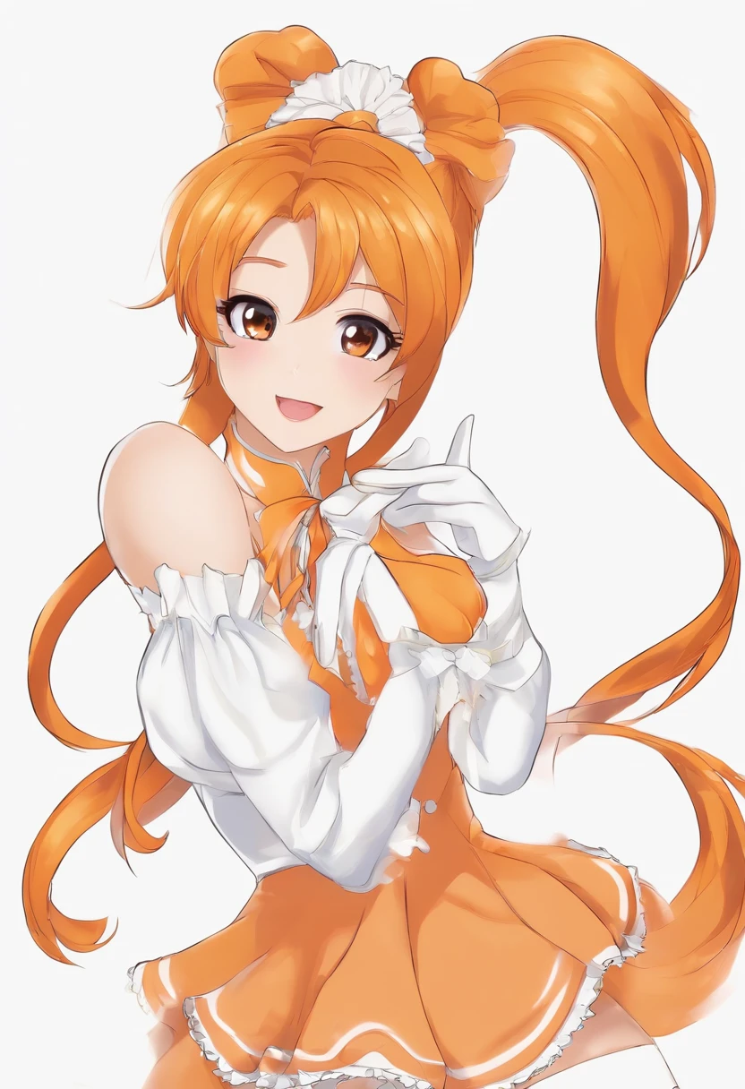 Orange “pretty cure “charecter, pretty, in a “pretty cure” anime style wearing an outfit like the orange pretty cure anime protagonists wearing two long orange flowy ponytails, hair color orange. Very pretty face, excited and eager looking. Wearing not a lot of makeup. Orange poofy upper sleeve that goes into a long white one, wearing white gloves with a feather like pattern on the edge. A gold bracket around the glove. Wearing a flowy bottom that’s flowy on the sides but not on the front, with a white shirt skirt wearing long white thigh high socks, with an orange bow on the chest of the orange dress. She looks very happy and excited
