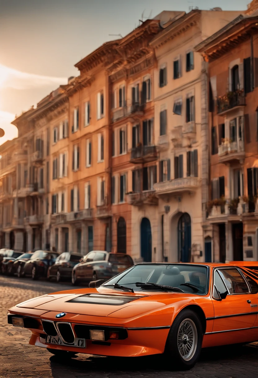 (masterpiece, high resolution, picturesque:1.2), 1970s BMW M1 car, (retro orange exterior:1.1), iconic design, cruising along Harbor Road, (lights reflecting:1.2), bathed in sunlight, sea breeze rustling, (harbor view:1.1), waves lapping the shore, city skyline mirrored, nostalgic ambiance, interplay of light and shadow, rich layers, captivating moment, old-world street view, vintage sentiment, fading moments